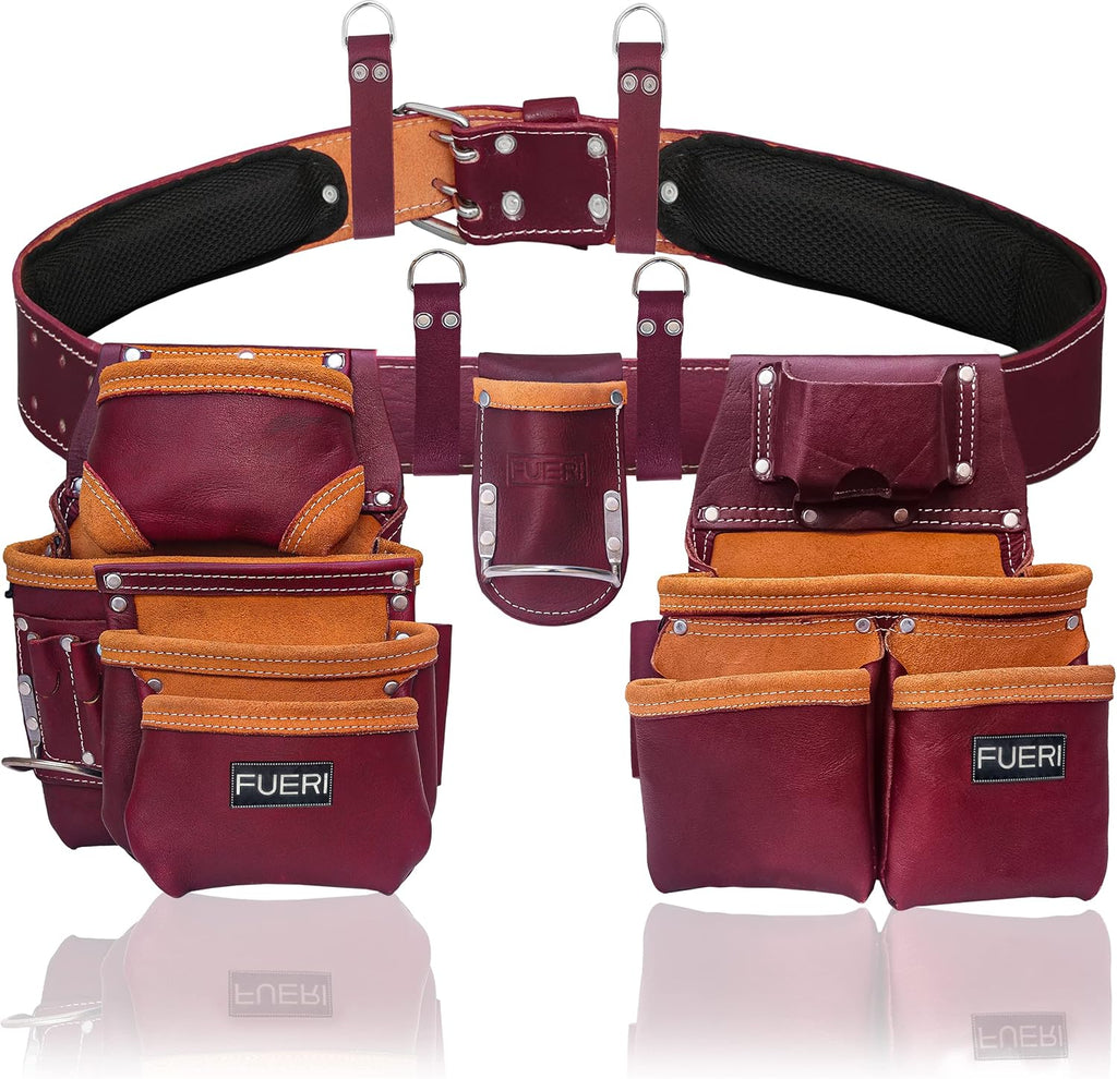 FUERI Leather Tool Belts for Men, Heavy-Duty Durable Carpenter Tool Rig Organizer With 19 Pockets-2 Pouches, Double Hammer Holder, Suspender Loops, And A Foam-Padded Belt for Framers, And Electricians