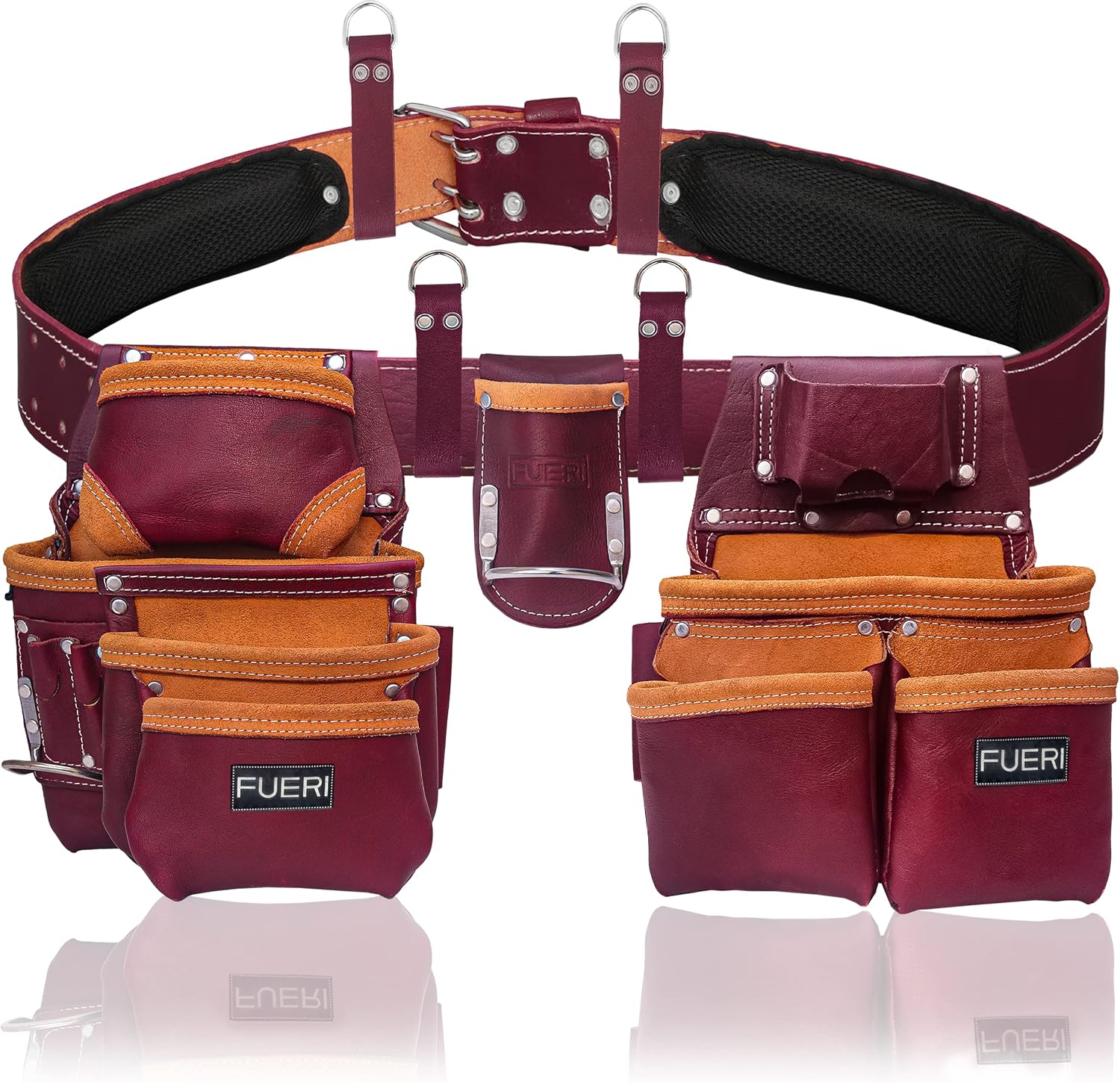 FUERI Leather Tool Belts for Men, Heavy-Duty Durable Carpenter Tool Rig Organizer With 19 Pockets-2 Pouches, Double Hammer Holder, Suspender Loops, And A Foam-Padded Belt for Framers, And Electricians