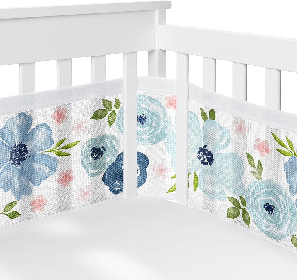 Sweet Jojo Designs Blush Pink Blue Boho Floral Girl Baby Crib Bedding Set Infant Nursery Room BreathableBaby Breathable Mesh Crib Liner Blanket Fitted Sheet Skirt 6p Bohemian Farmhouse Shabby Chic