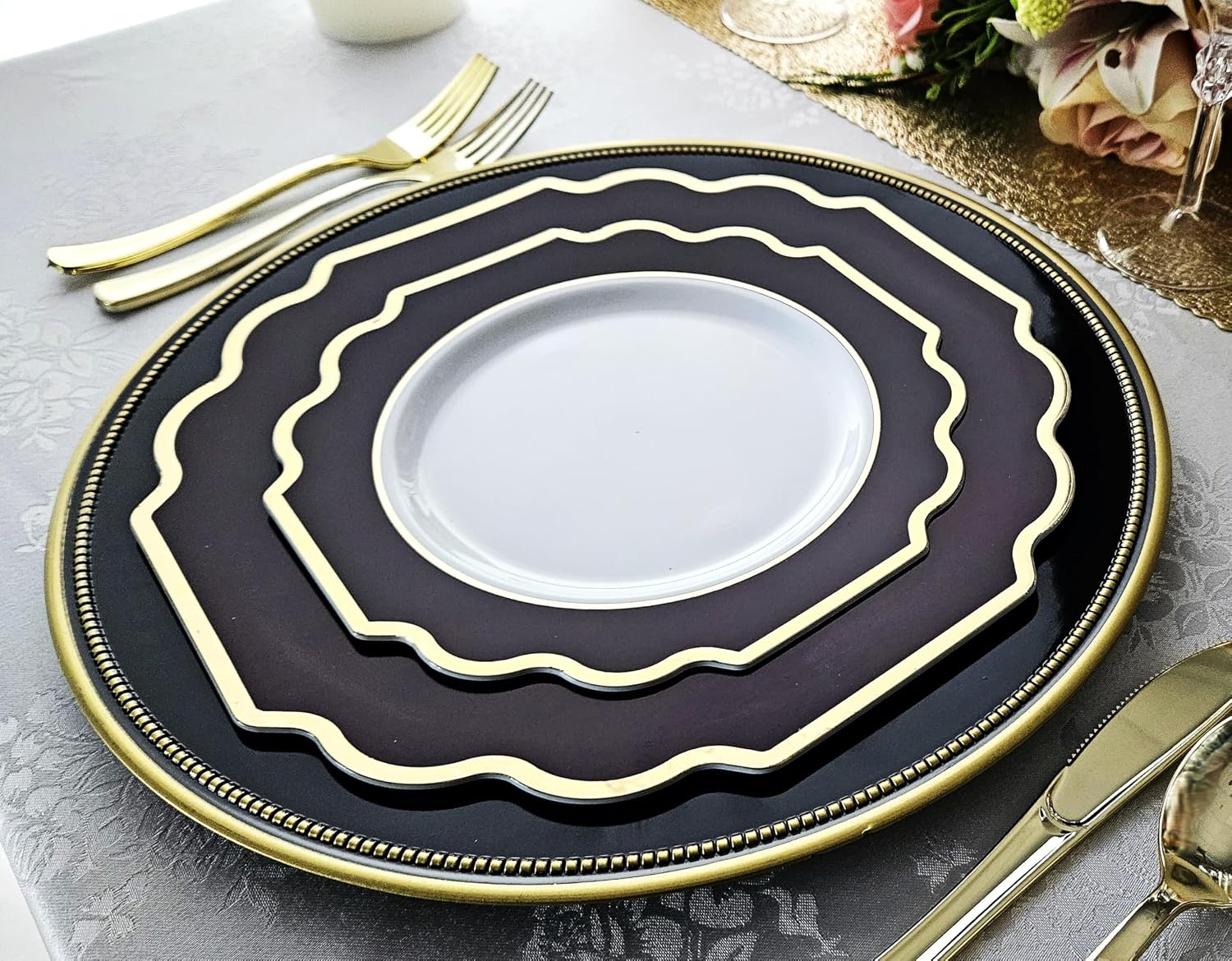 ' OCCASIONS ' 640 Piece set (80 Guests)-Heavyweight Wedding Party Disposable Plastic Plate Set - 80 x 10.5'' + 80 x 8'' + Silverware + Cups + Napkins (Imperial in White & Black & Gold)