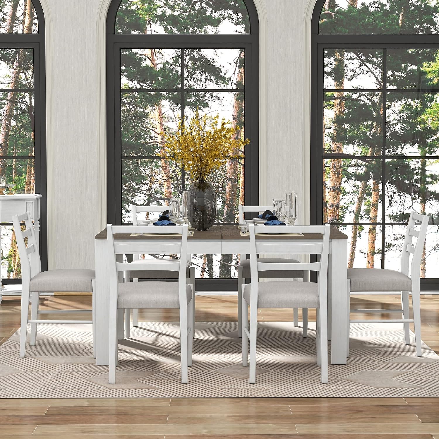 Farmhouse 7-Piece Kitchen Dining Table Set, Solid Wood Rectangle Extendable Table with 12' Leaf and 2 Drawers, 6 Dining Chairs with Soft Cushion, Dining Table Set for 6 Persons (Brown+White FR)