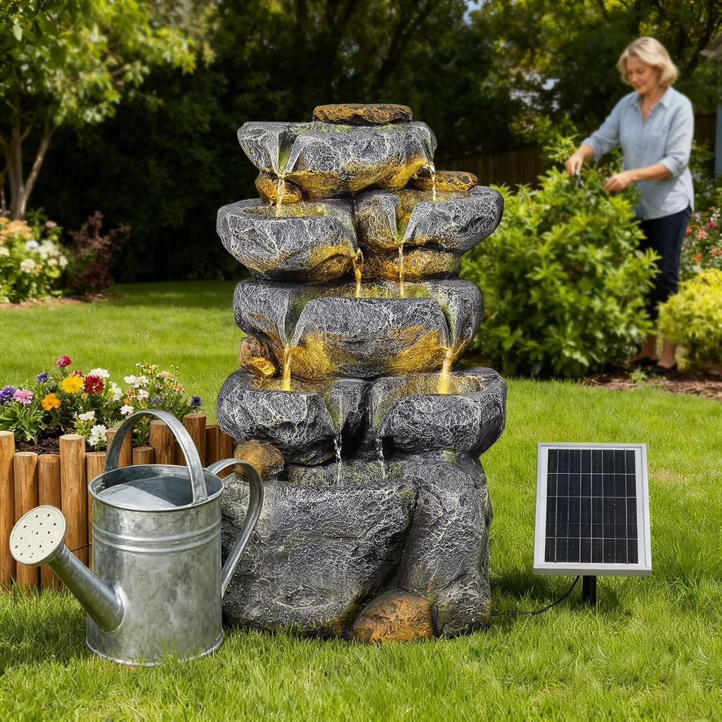 5 Tiered Solar Powered Water Fountain, Solar Water Fountain Outdoor Garden Cascading Rock Water Fall Fountains Outside with Lights for Backyard, Patio, Deck, Porch, 24' H x 13.39' L x 9.6' W