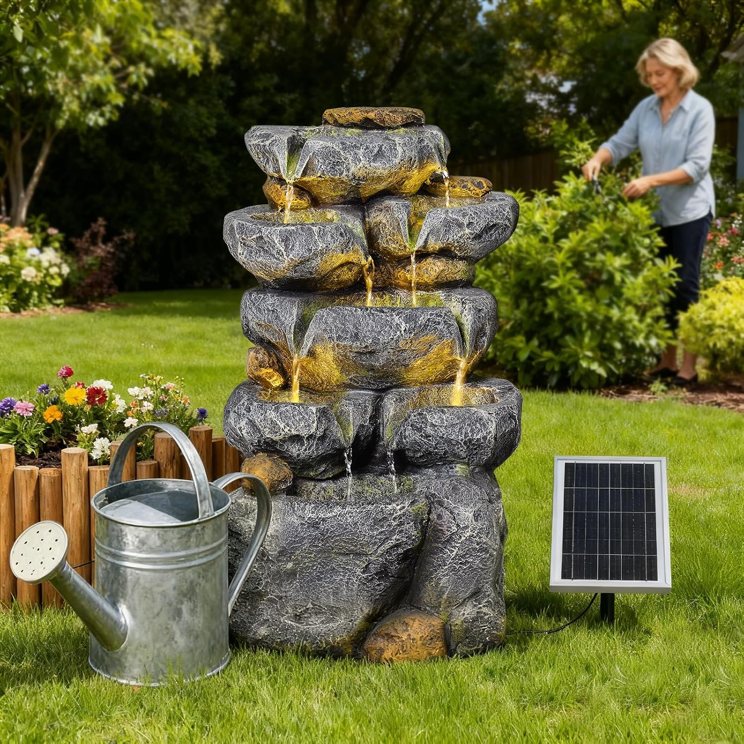 5 Tiered Solar Powered Water Fountain, Solar Water Fountain Outdoor Garden Cascading Rock Water Fall Fountains Outside with Lights for Backyard, Patio, Deck, Porch, 24' H x 13.39' L x 9.6' W