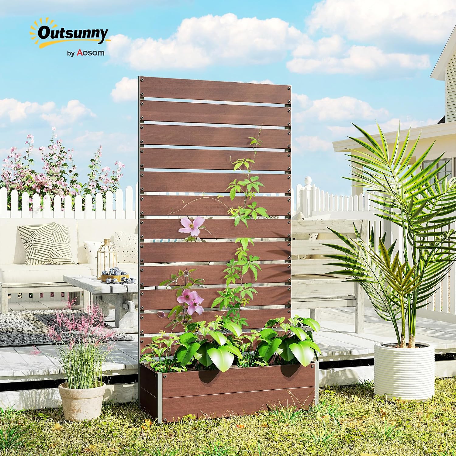 Outsunny Raised Garden Bed with Trellis for Climbing Plants, Planter Box with Self Draining Gap, Freestanding Trellis Planter for Outdoor, Patio, Deck, 35.75' x 15' x 70.75', Light Brown