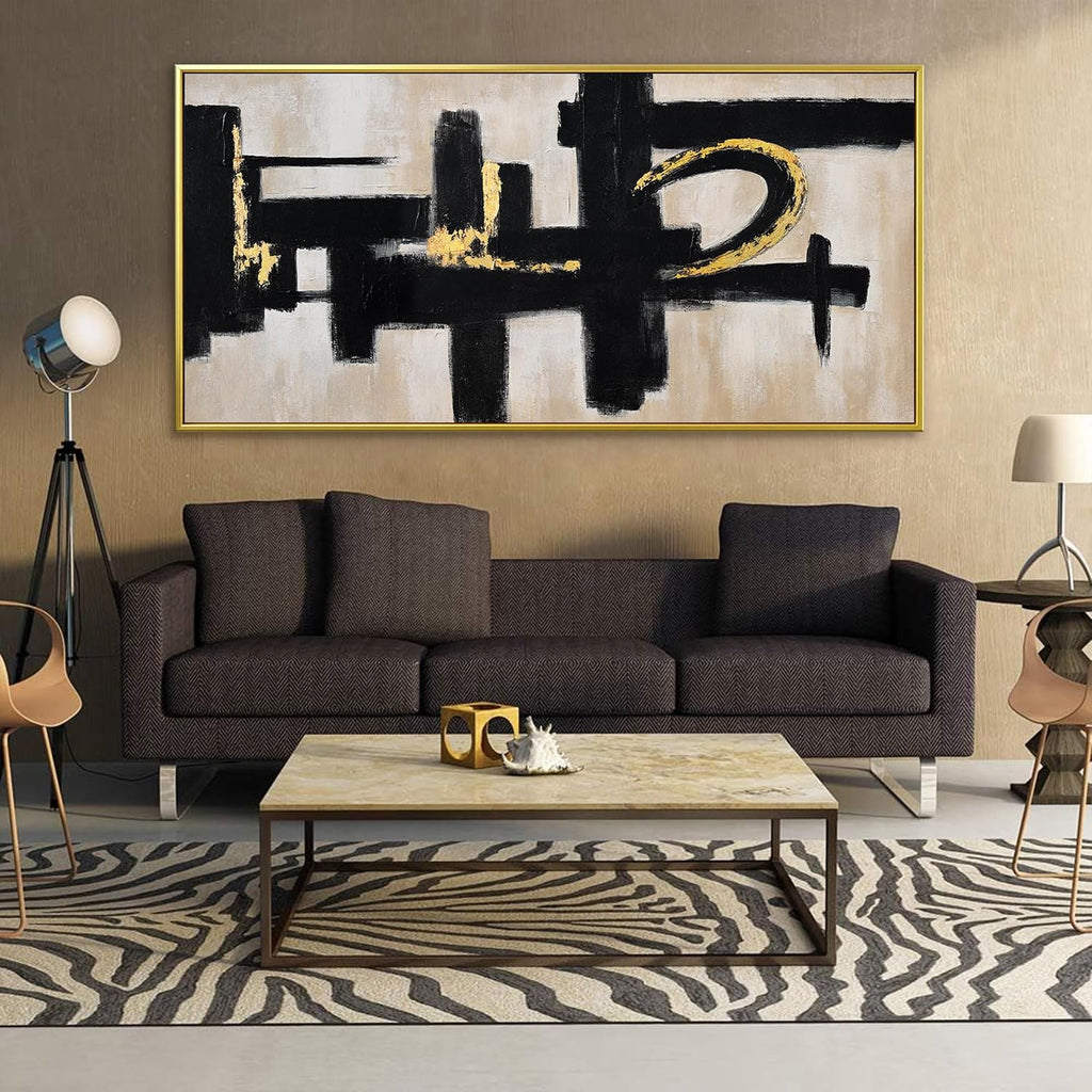QSQ Black And Off-White Wall Art Abstract Picture Paintings On Canvas Art Wall Decor 29 x 58 Inches Large Gold Framed Wall Art Living Room Minimalism Abstract Wall Decor Bedroom Office Artwork