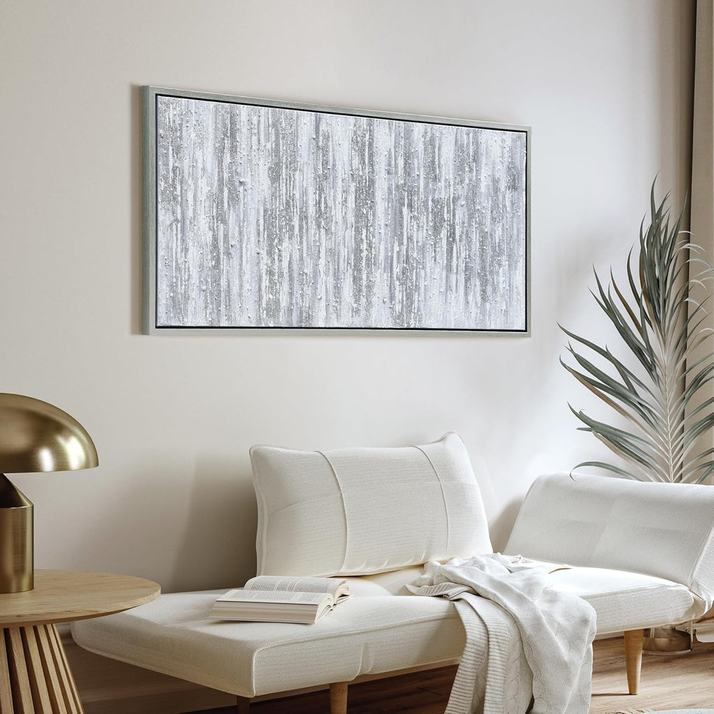 Empire Art Direct Abstract Wall Art Textured Hand Painted Canvas by Martin Edwards, Champagne Frame, 24' x 48', Silver Frequency