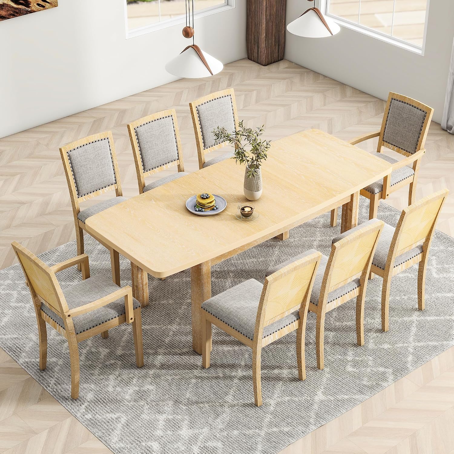 9-piece Rustic Extendable Dining Table Set with 24'' Removable Leaf, 6 Upholstered Rivet Decoration Armless Dining Chairs and 2 Arm Chairs, Wood Kitchen Dining Set for 8, Curved Top (Natural-9S)