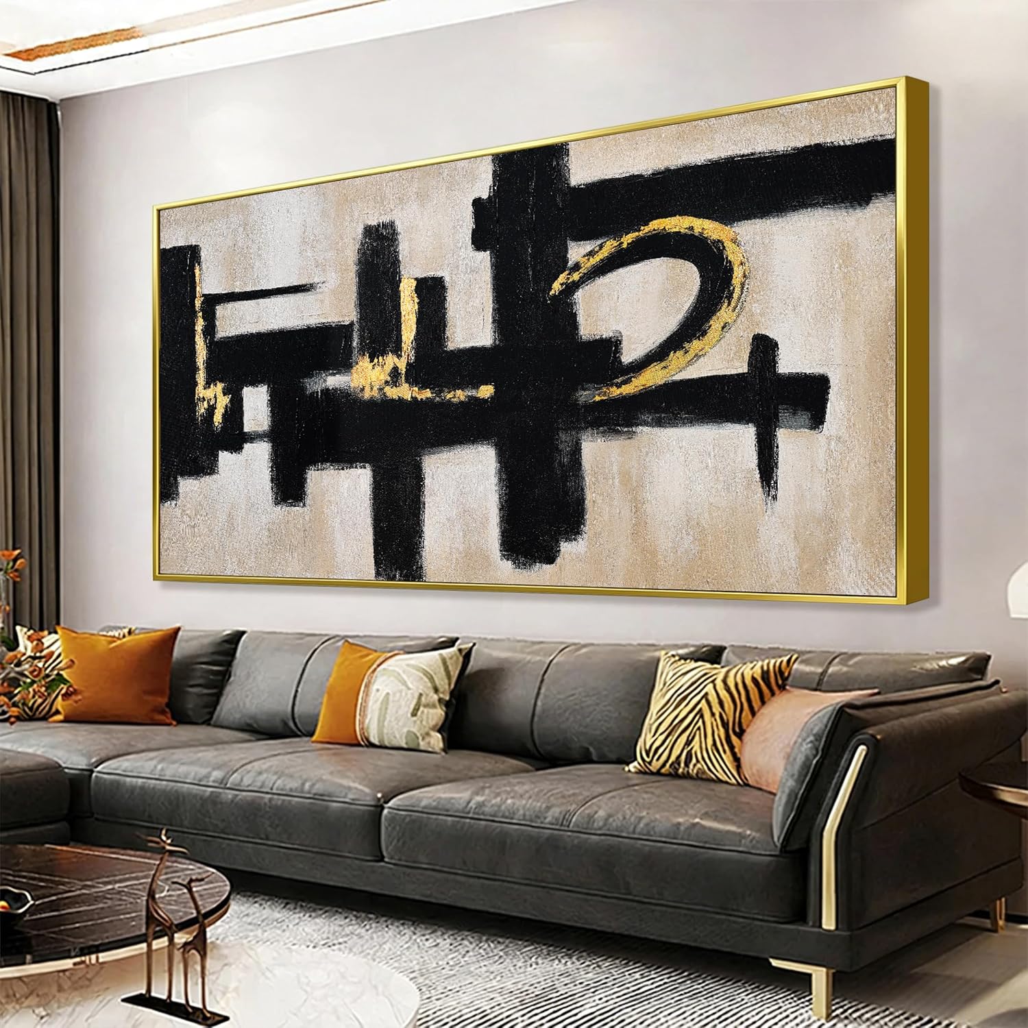 QSQ Black And Off-White Wall Art Abstract Picture Paintings On Canvas Art Wall Decor 29 x 58 Inches Large Gold Framed Wall Art Living Room Minimalism Abstract Wall Decor Bedroom Office Artwork