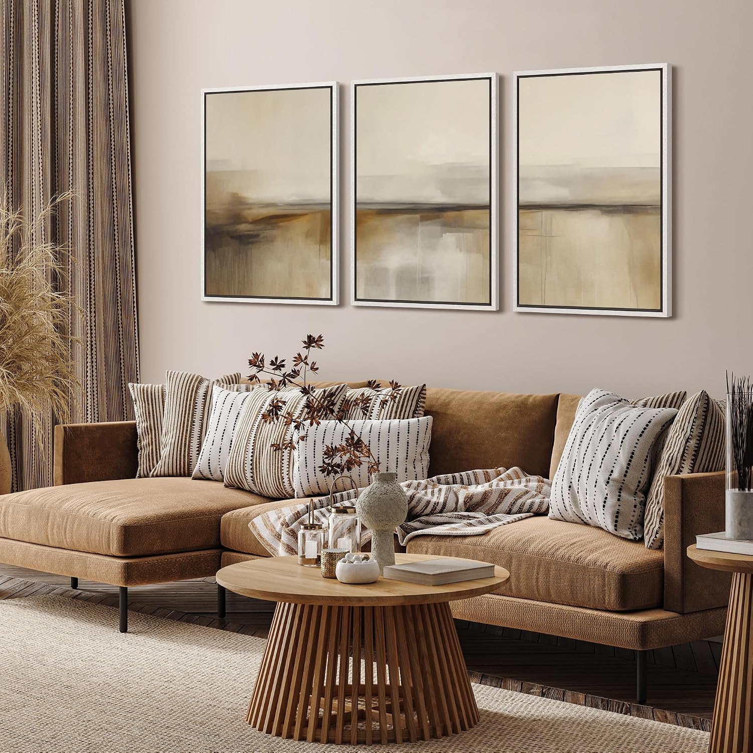 SIGNFORD Framed Canvas Print Wall Art Set Desert Haze Abstract Neutral Beige and Brown Illustrations Modern Art Relax/Calm for Living Room, Bedroom, Office - 16'x24'x3 White