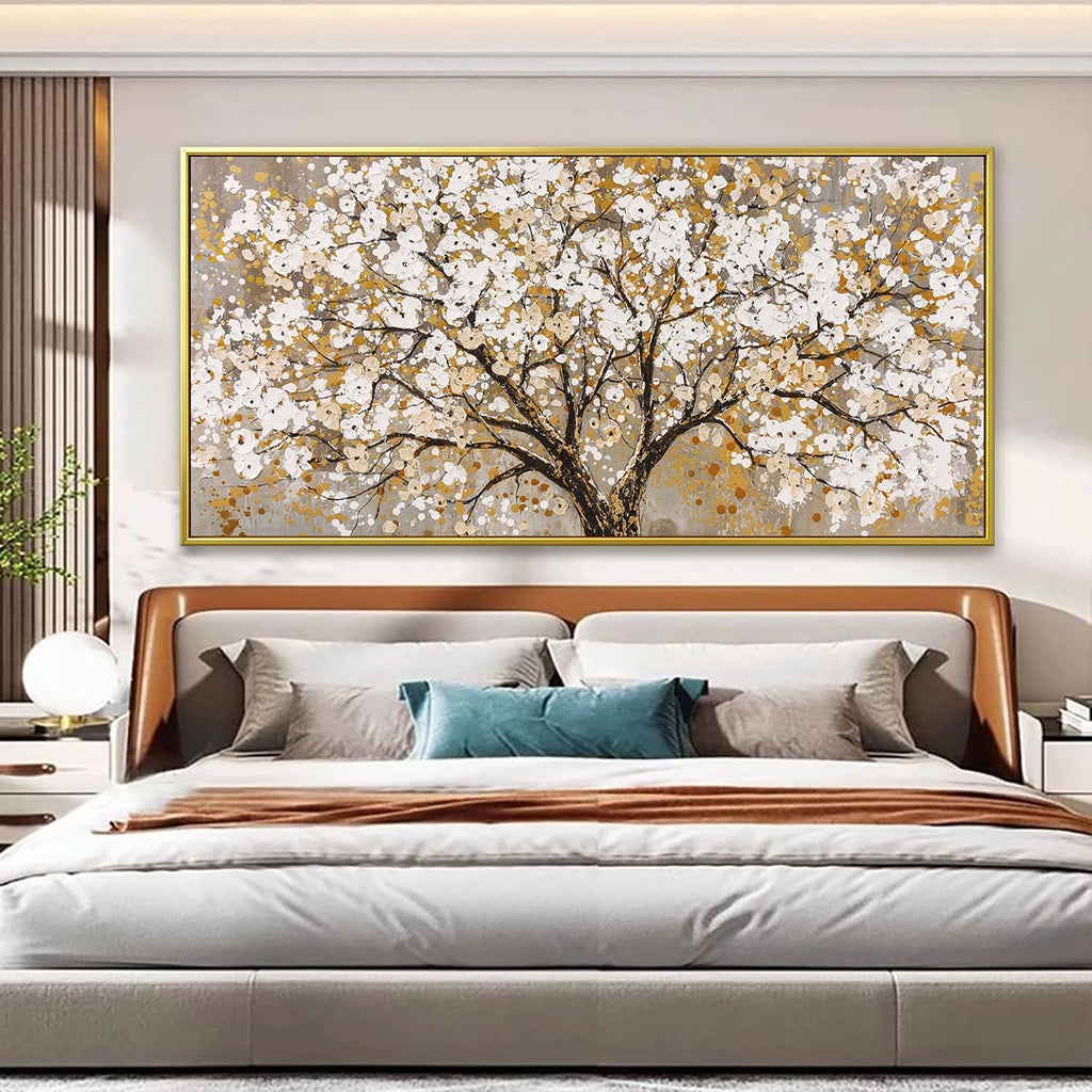 Large Gold Framed Wall Art Print Gold Abstract Tree Of Life Framed Modern Artwork Canvas Painting Gold Tree Pictures Home Decor Ready To Hang For Bedroom Living Room 29' X 58'