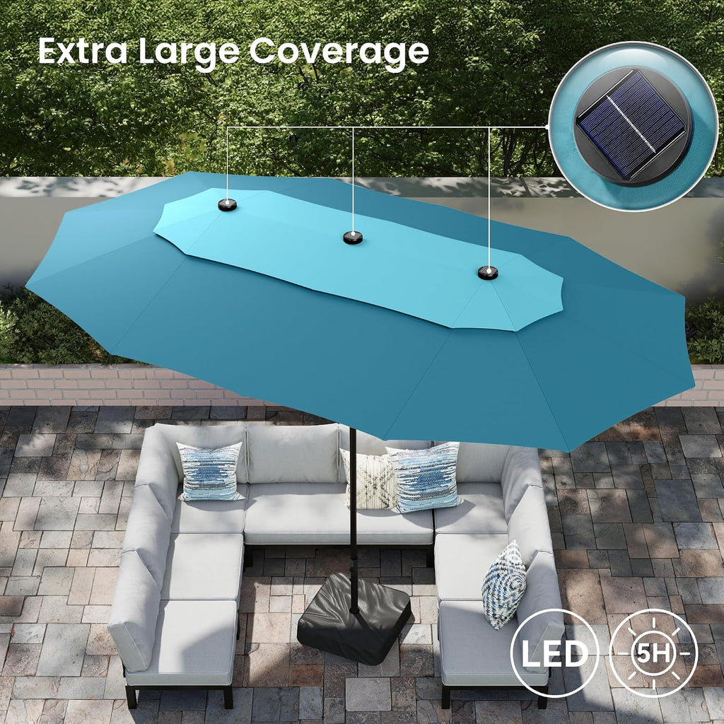 PHI VILLA 15ft 2-Tier Large Patio Umbrella with Solar Lights, Double-Sided Outdoor Market Rectangle Umbrellas with 36 LED Lights, Umbrella Base (Stand) Included, Blue&Cerulean