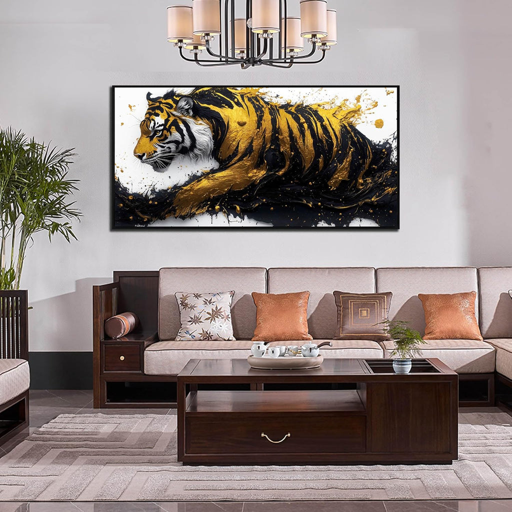 Tiger Art Wall Decor for Living Room - Modern Black and Gold Wall Decor for Bedroom - Large Framed Wall Art for Office Size 29' x 59'