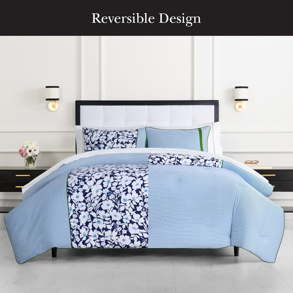 kate spade new york Anemone Field King Comforter Set, 100% Cotton Reversible Cover, All Season 3 Piece Bedding, Machine Washable, Blue Multicolor
