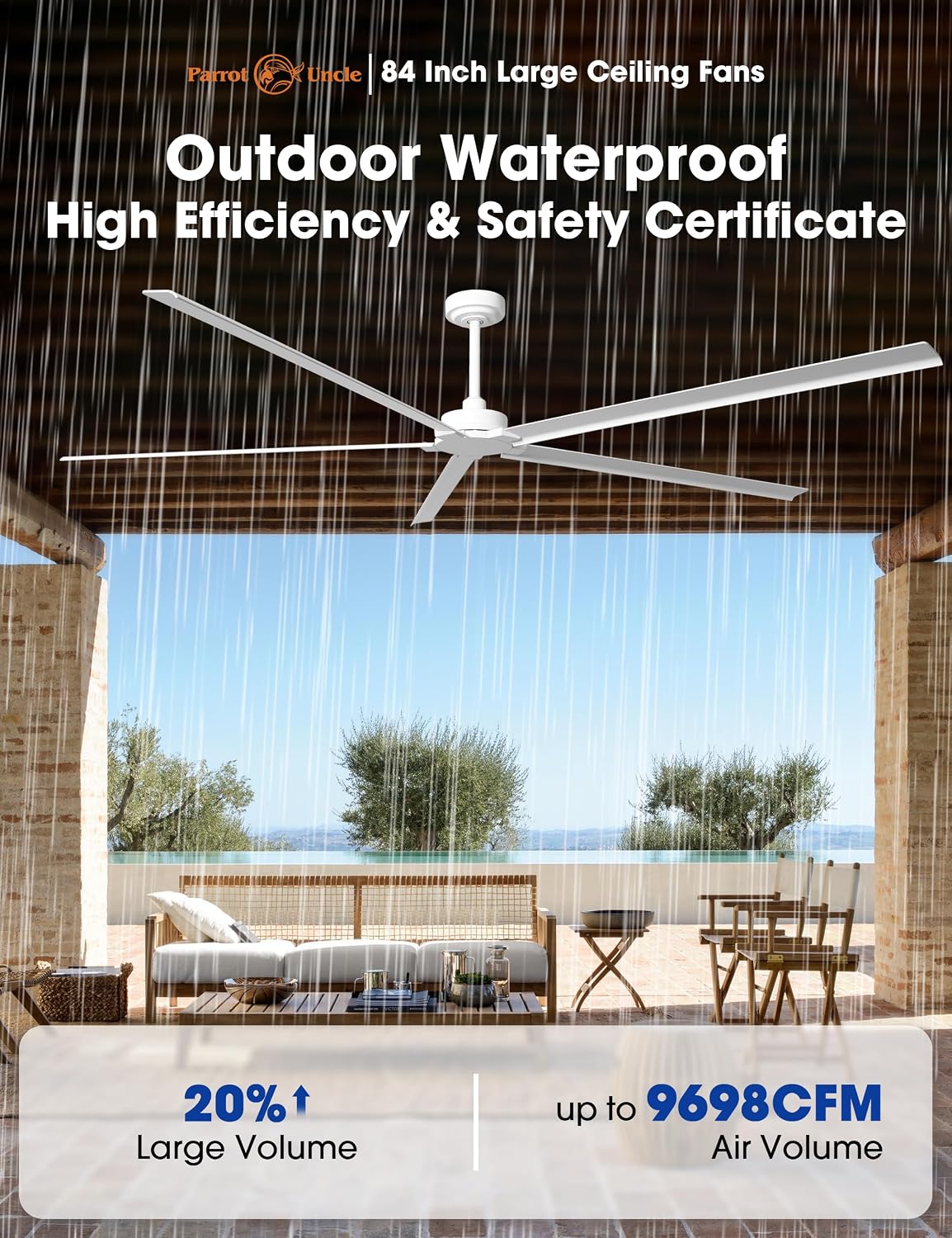 Waterproof Outdoor Ceiling Fans, 84' Industrial White Ceiling Fans without Lights, Large DC Motor Ceiling Fan No Light with Reversible Aluminum Blade, Wet-rated Fan for Patio Gazebo Porch Living Room