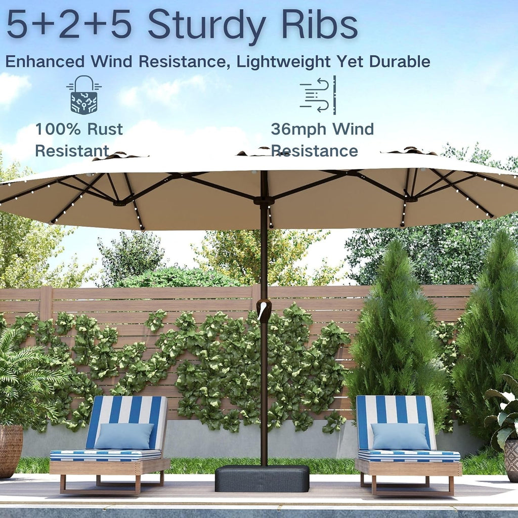 Kingdura 13ft Large Patio Umbrella with Solar Lights, Double-Sided Rectangle Outdoor Table Umbrella with Base Included, 12 Reinforced Ribs, 48 Led Lights, Crank Lift for Market Pool Deck, Beige