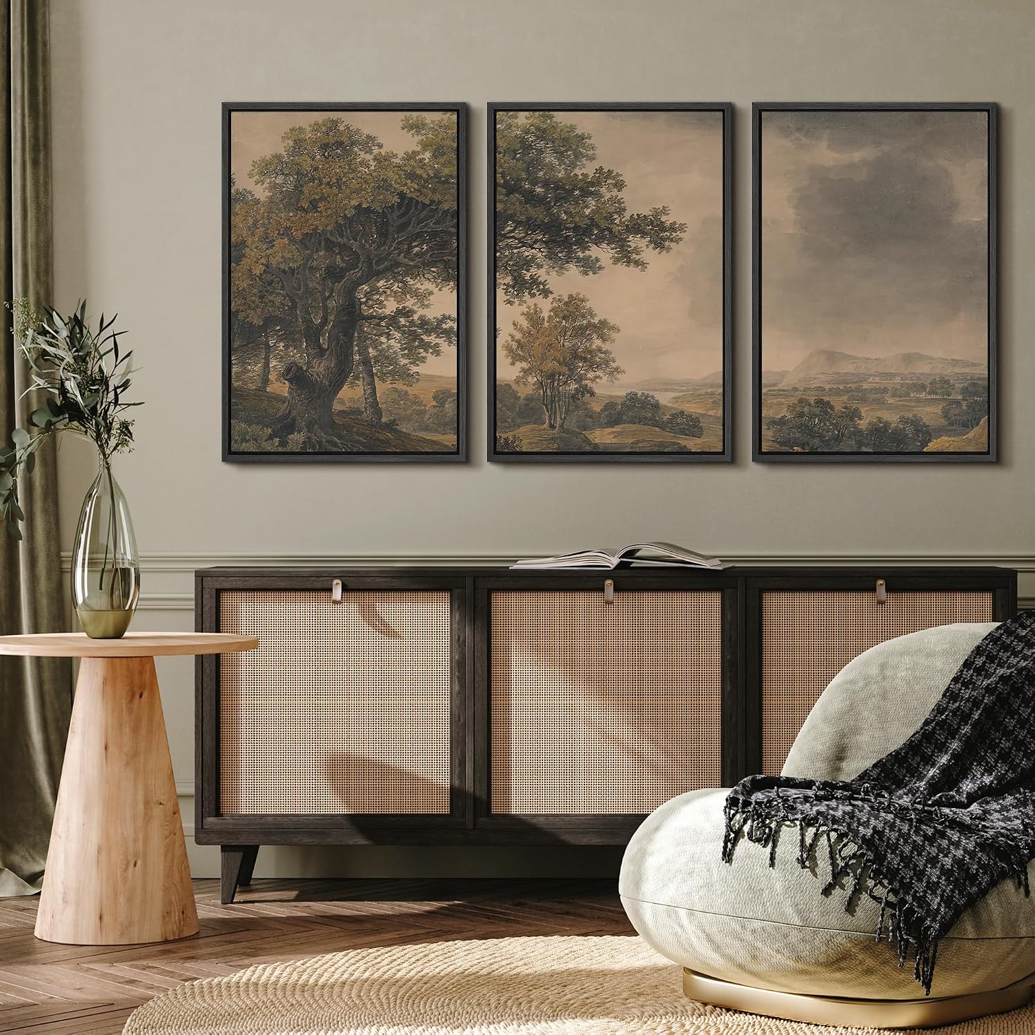 MUDECOR Framed Wall Art Print Set Vintage Landscape Rustic Tree and Mountain View Illustrations Decorative Colorful for Living Room, Bedroom, Office - 24'x36'x3 Black