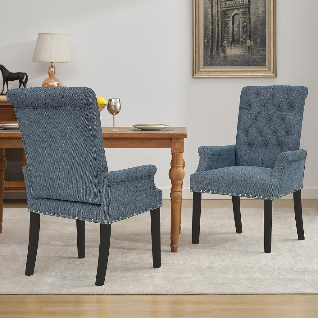 LOULENS Fabric Dining Chairs, Upholstered Tufted Armrest Chairs, Accent Chairs with Nailhead Trim, Black Solid Wood Legs for Home, Kitchen Living Room, Light Blue