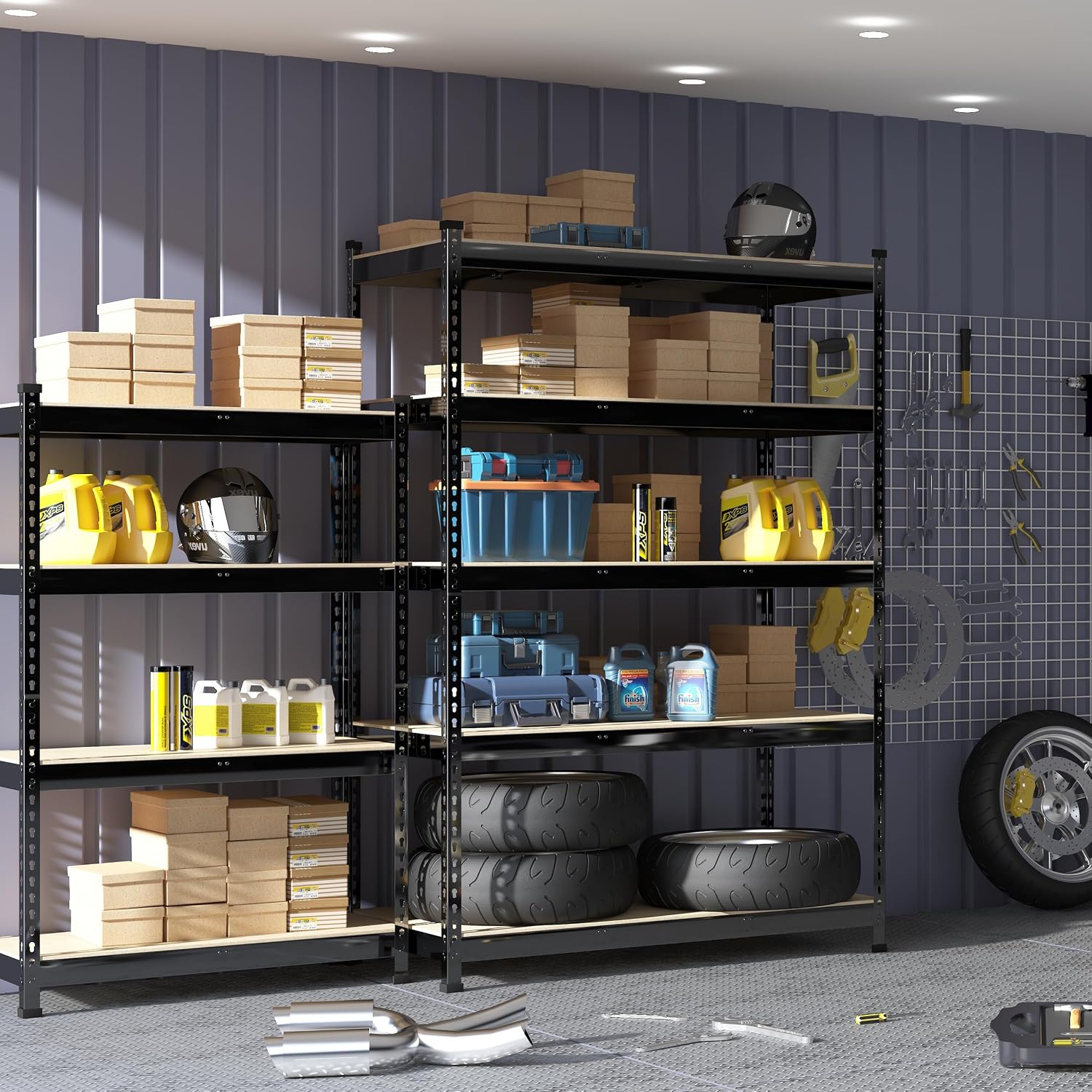 PrimeZone 2 Pack Heavy Duty Storage Shelves - 47'W x 18'D x 71'H 5 Tier Adjustable Garage Storage Shelving, Metal Utility Rack Organizer Shelf Unit for Warehouse Pantry Closet Kitchen Basement, Black