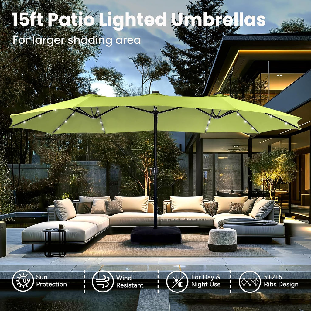 PHI VILLA 15 ft Umbrella Outdoor Patio Solar Lights with Base, Outdoor Double-Sided Large Market Rectangle Umbrellas with 36 LED Lights, Lime Green