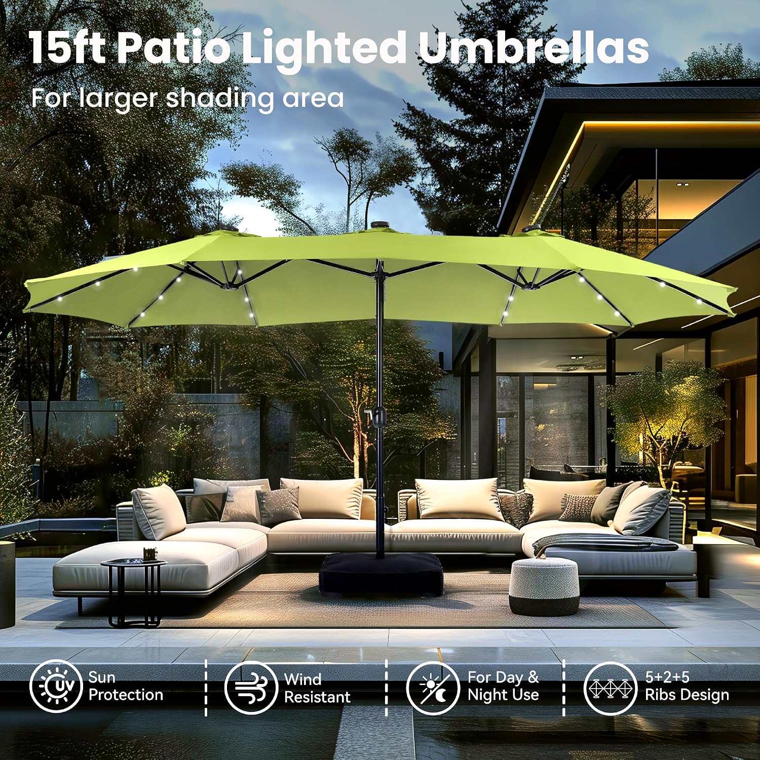 PHI VILLA 15 ft Umbrella Outdoor Patio Solar Lights with Base, Outdoor Double-Sided Large Market Rectangle Umbrellas with 36 LED Lights, Lime Green