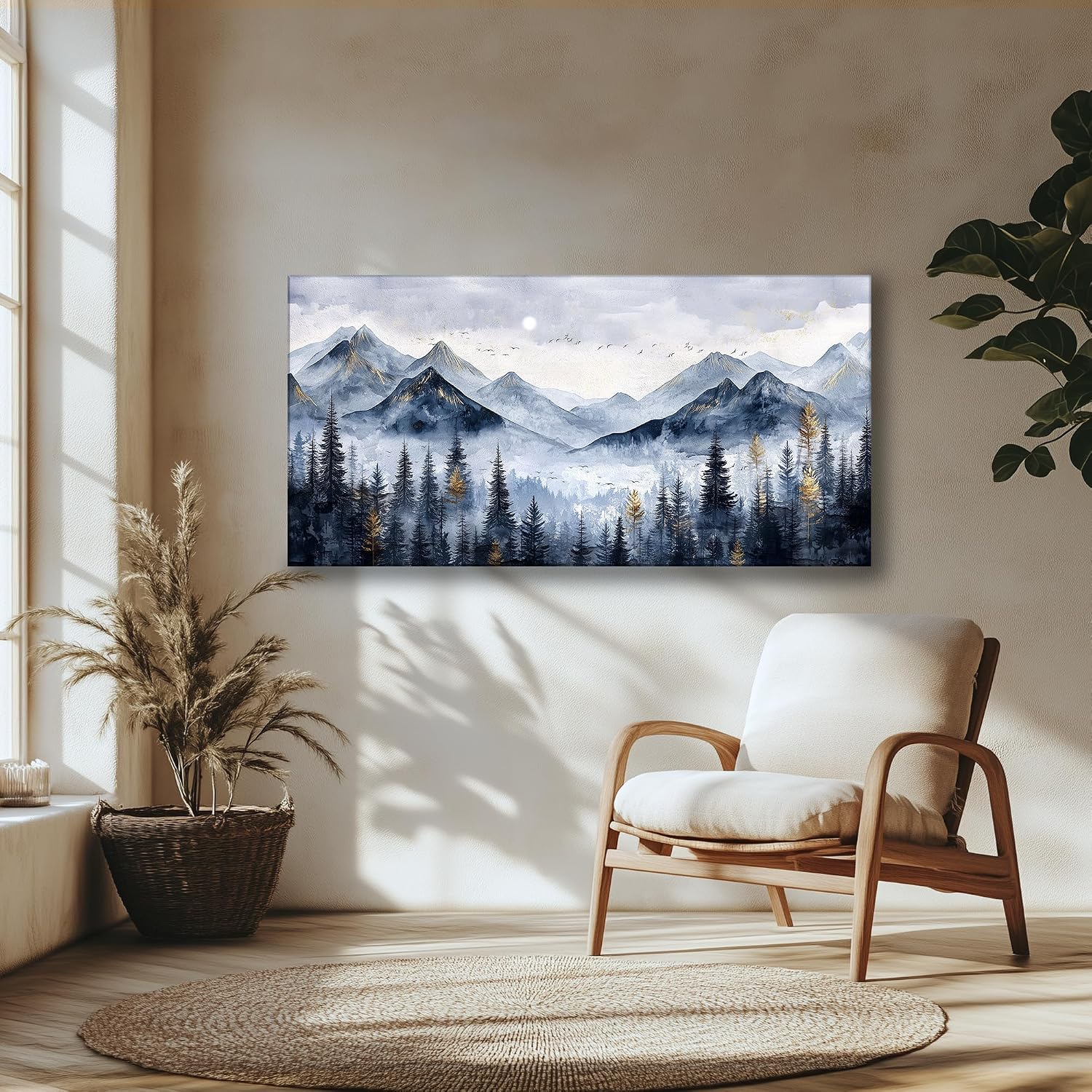 SERIMINO Mountain Landscape Large Wall Art, Misty Forest Canvas Prints, Blue Gold Watercolor Pine Tree Paintings Wall Decor Living Room Bedroom, Natural Scenery Office Decor Pictures 29'X57'
