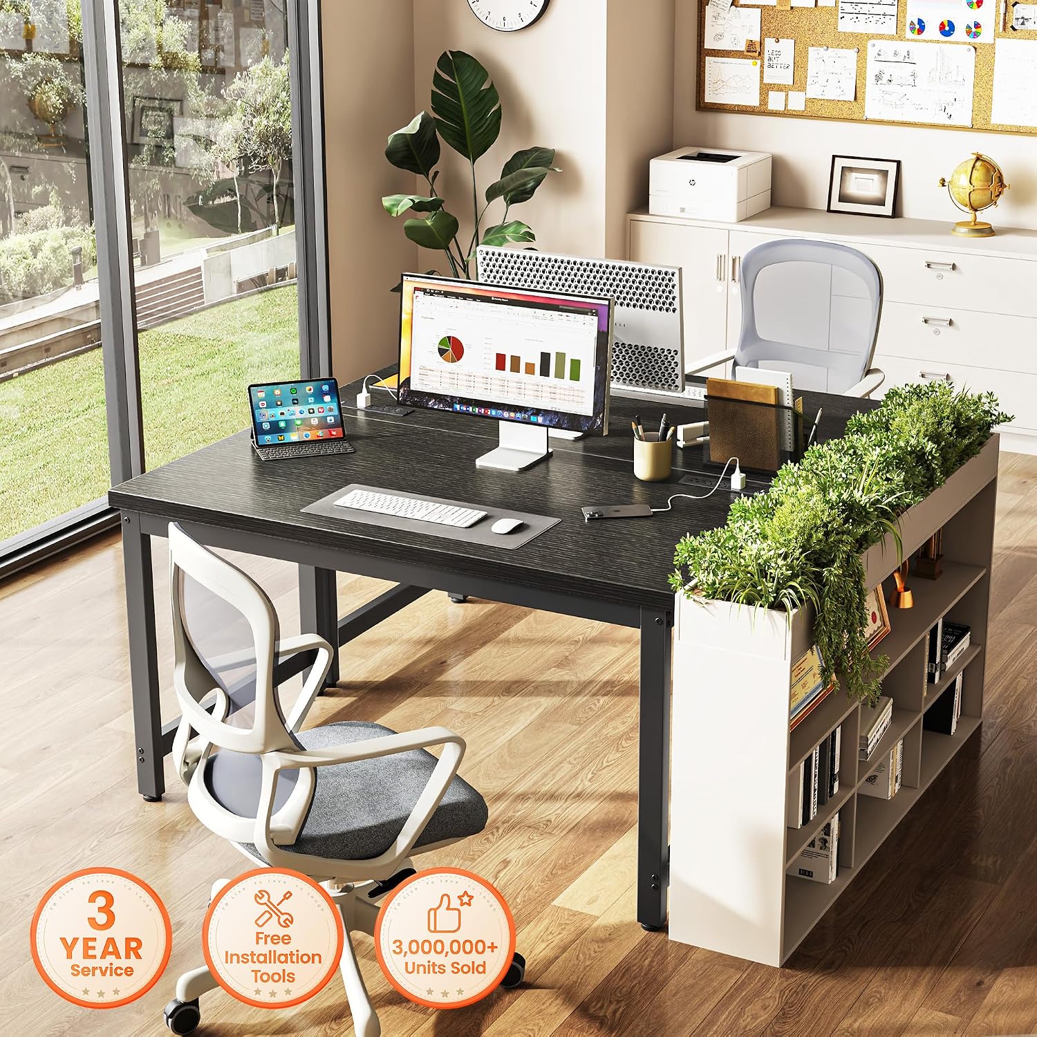 Huuger 48 x 24 inch Desk with Power Outlets & USB-C, Deeper & Thicker Desktop, Robust Metal Tubes, Computer Desk, Heavy Duty Office Desk, Work Gaming Desk for Home Office, Black