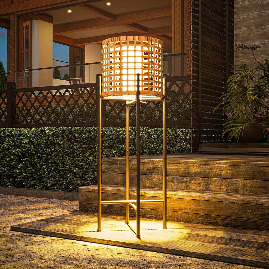 LAUSAINT HOME Solar Powered Outdoor Floor Lamp with Auto On/Off LED Light, Waterproof Wicker Patio Floor Lights, Boho Rattan Floor Lantern (2 Floor Lamps)
