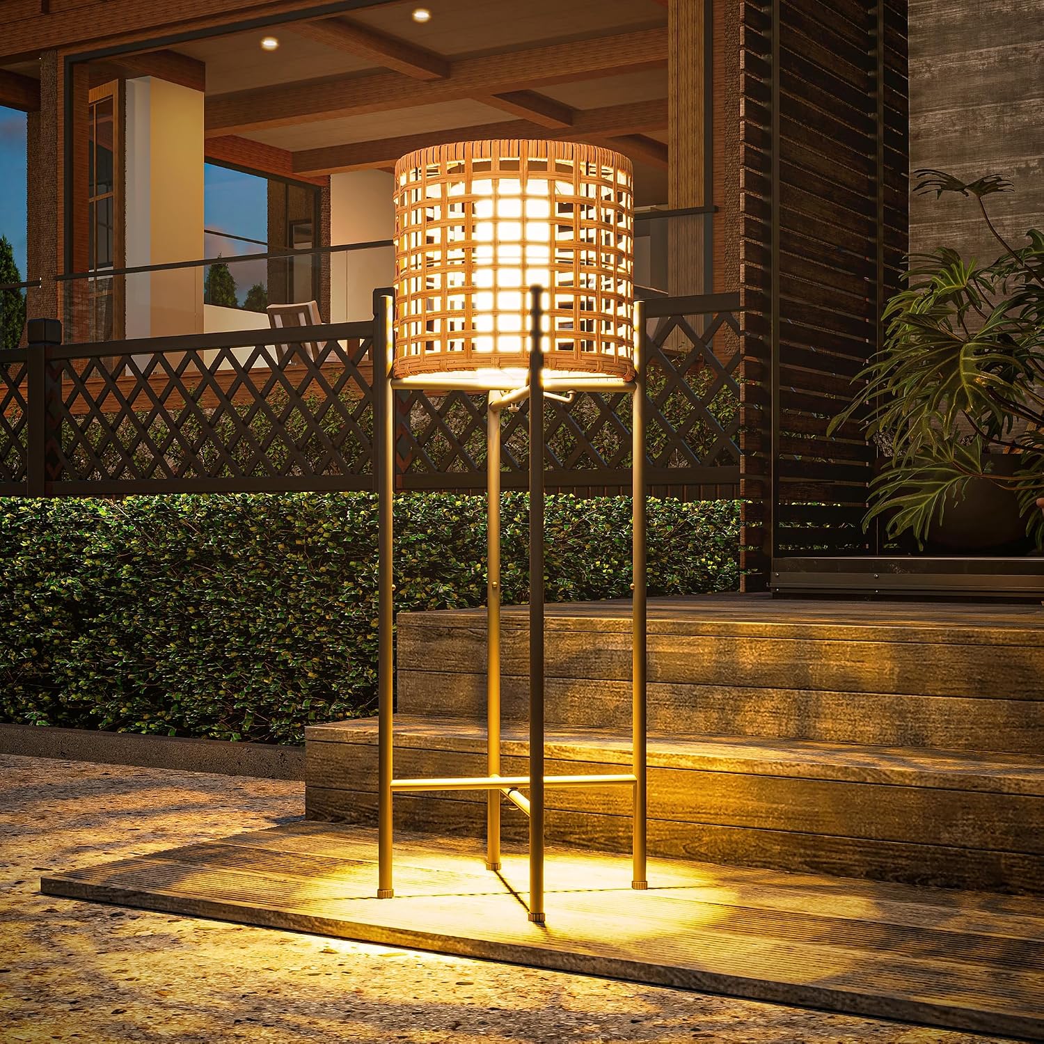 LAUSAINT HOME Solar Powered Outdoor Floor Lamp with Auto On/Off LED Light, Waterproof Wicker Patio Floor Lights, Boho Rattan Floor Lantern (2 Floor Lamps)