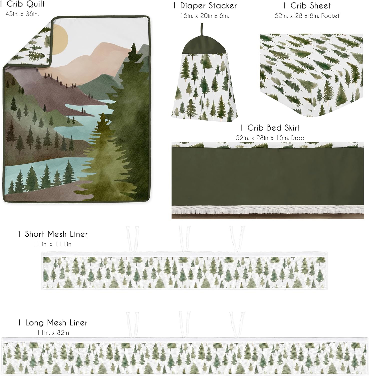 Sweet Jojo Designs 6-Piece Baby Crib Bedding Set (Sage Green Woodland) for Boys/Girls, Infants/Nursery incl. BreathableBaby Mesh Liner Blanket, Fitted Sheet, Skirt, Diaper Stacker (Forest Themed, Sun)