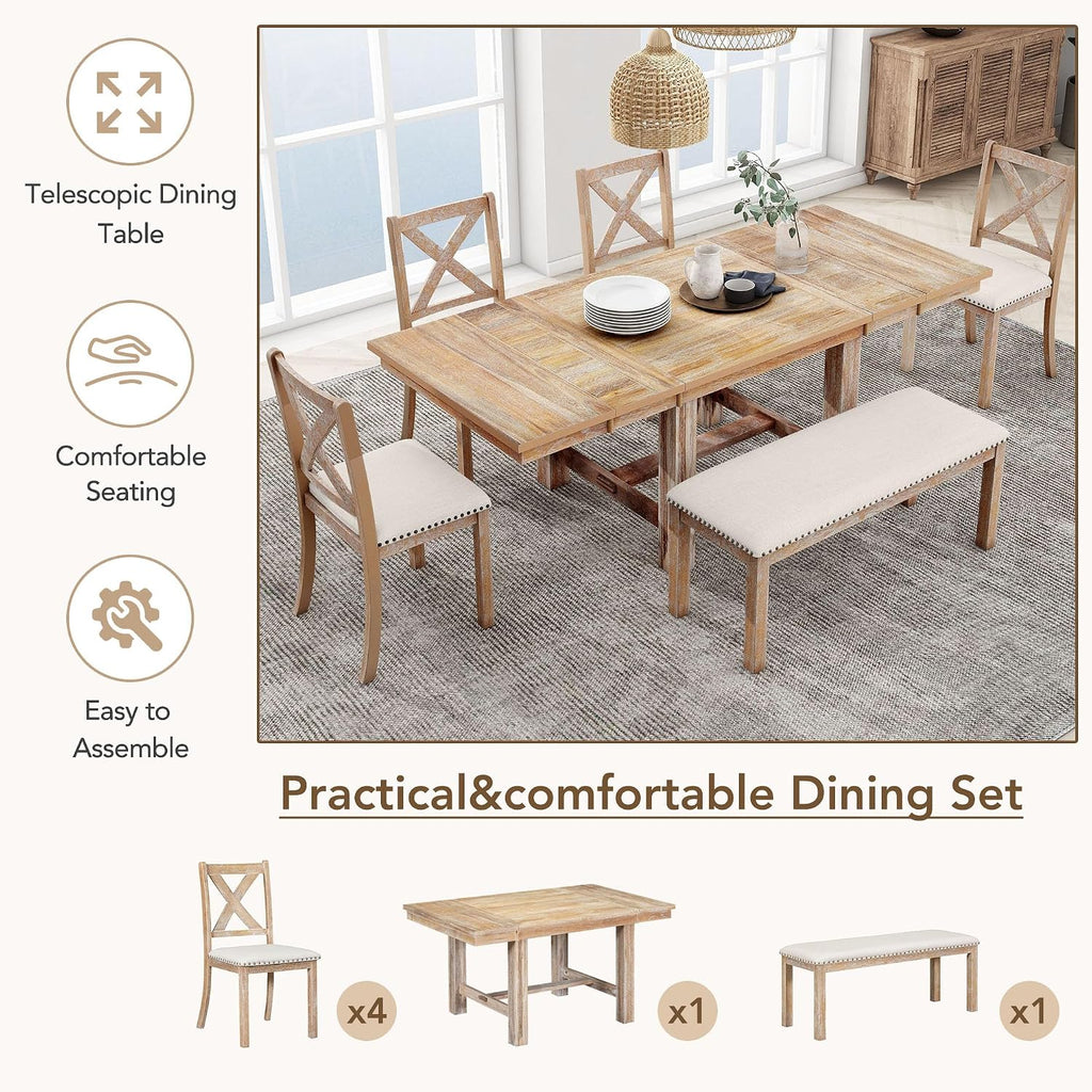 Farmhouse 6-Piece Extendable Dining Room Table Sets, Acacia Wood 82'' Dining Table with 2 Removable Leaf and Upholstered Dining Chairs& Bench, Soft Cushion with Rivet (Natural+Be)