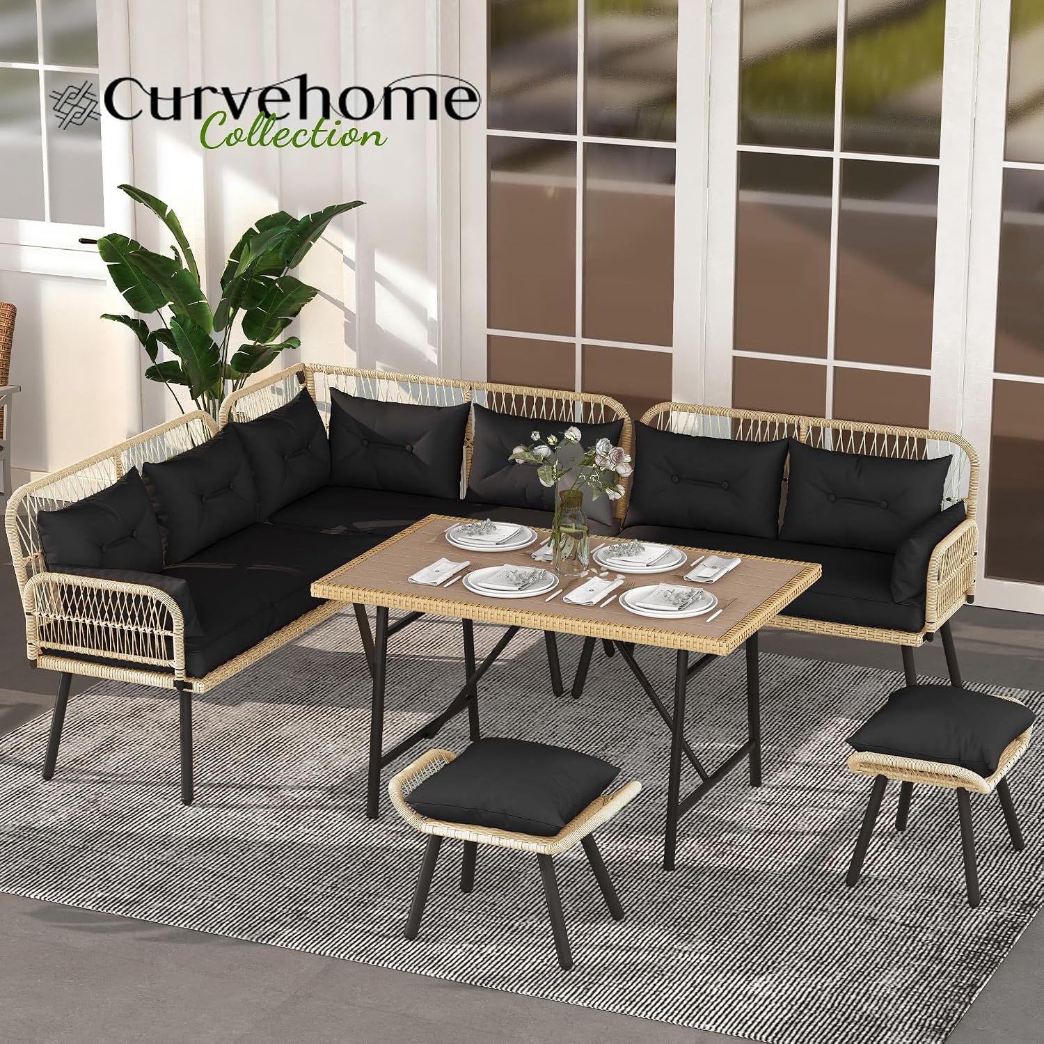YITAHOME L-Shaped Patio Furniture Set, All-Weather Rattan Outdoor Conversation Sofa with Soft Cushions, Ottomans & Plastic Wood Dining Table for Backyard Deck, Light Brown + Black