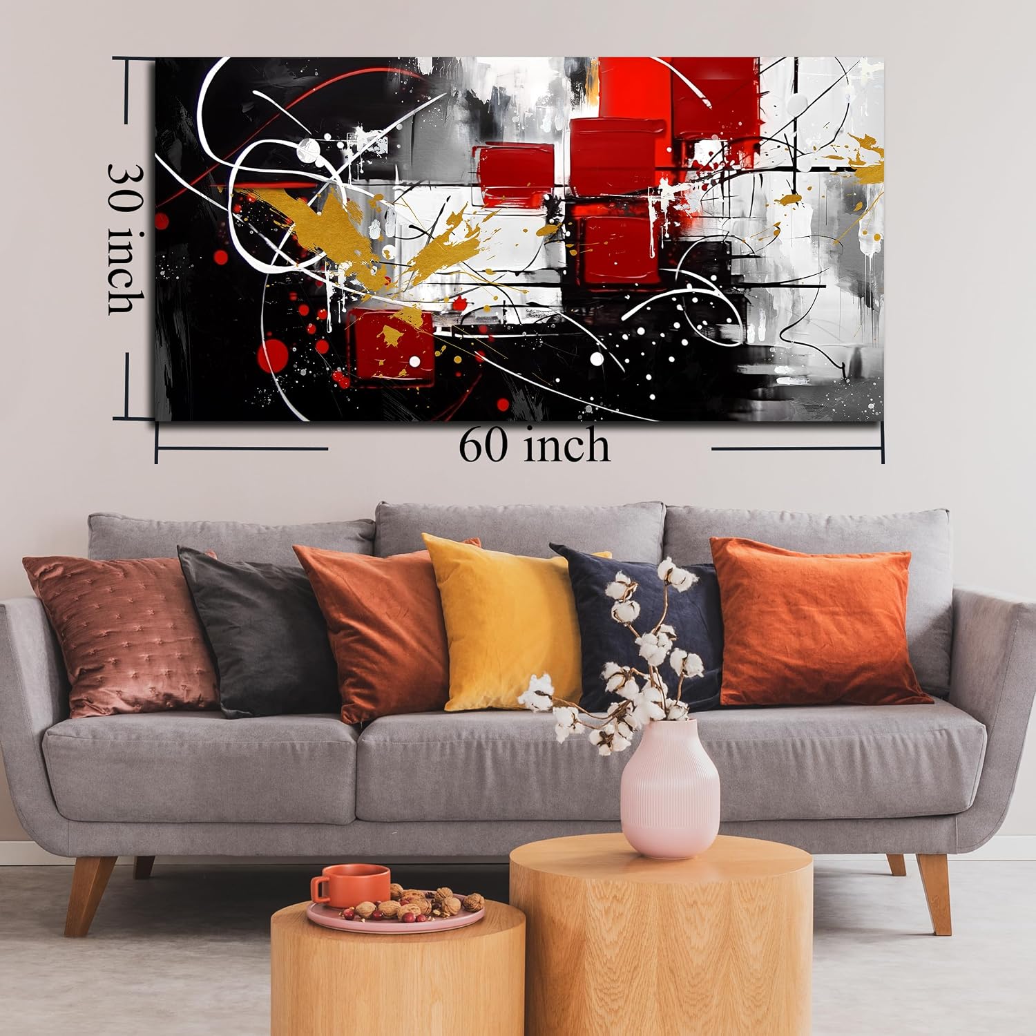 Large Abstract Canvas Wall Art Modern Living Room Bedroom Home Office Wall Decor Black Grey Red Abstract Picture Framed Artwork Ready to Hang Size 30x60