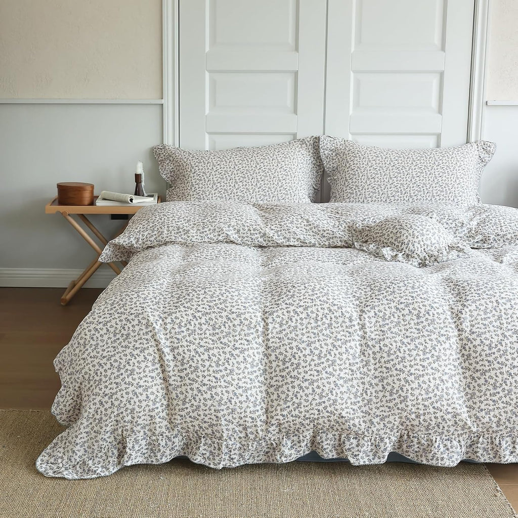BuLuTu Blue Floral Print Duvet Cover King Size, Elegant Ruffles Bedding Set 3 Pieces, 100% Cotton Muslin Comforter Cover with 2 Pillowcases Soft Lightweight King Bed Set, Machine Wash