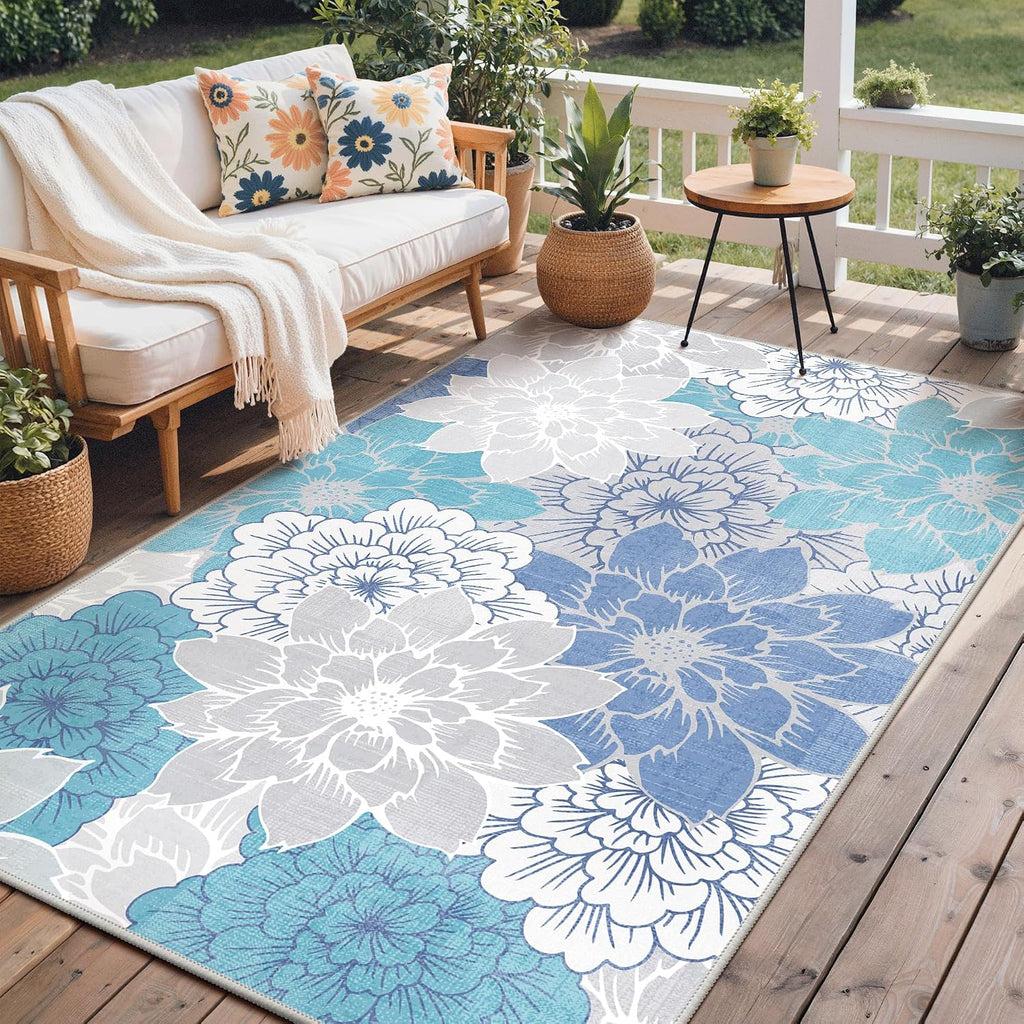 GENIMO Indoor Outdoor Area Rug 9'x12', Machine Washable Rugs for Patio, Waterproof, Non-Slip Easy Cleaning Floral Outdoor Mat Carpet for Living Room, Bedroom, RV, Balcony, Deck, Camping, Light Blue