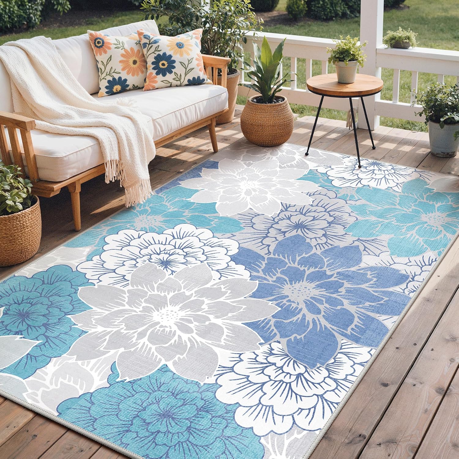 GENIMO Indoor Outdoor Area Rug 9'x12', Machine Washable Rugs for Patio, Waterproof, Non-Slip Easy Cleaning Floral Outdoor Mat Carpet for Living Room, Bedroom, RV, Balcony, Deck, Camping, Light Blue