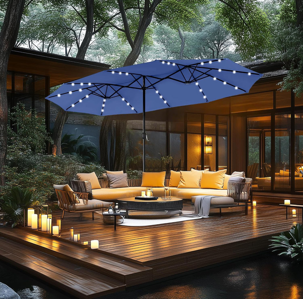 MFSTUDIO 15ft Double Sided Patio Umbrella with Solar Lights, Outdoor Large Umbrellas with Crank Handle and 36 LED Lights, Rectangular Market Umbrella with Base Included for Deck Pool Shade, Haze Blue
