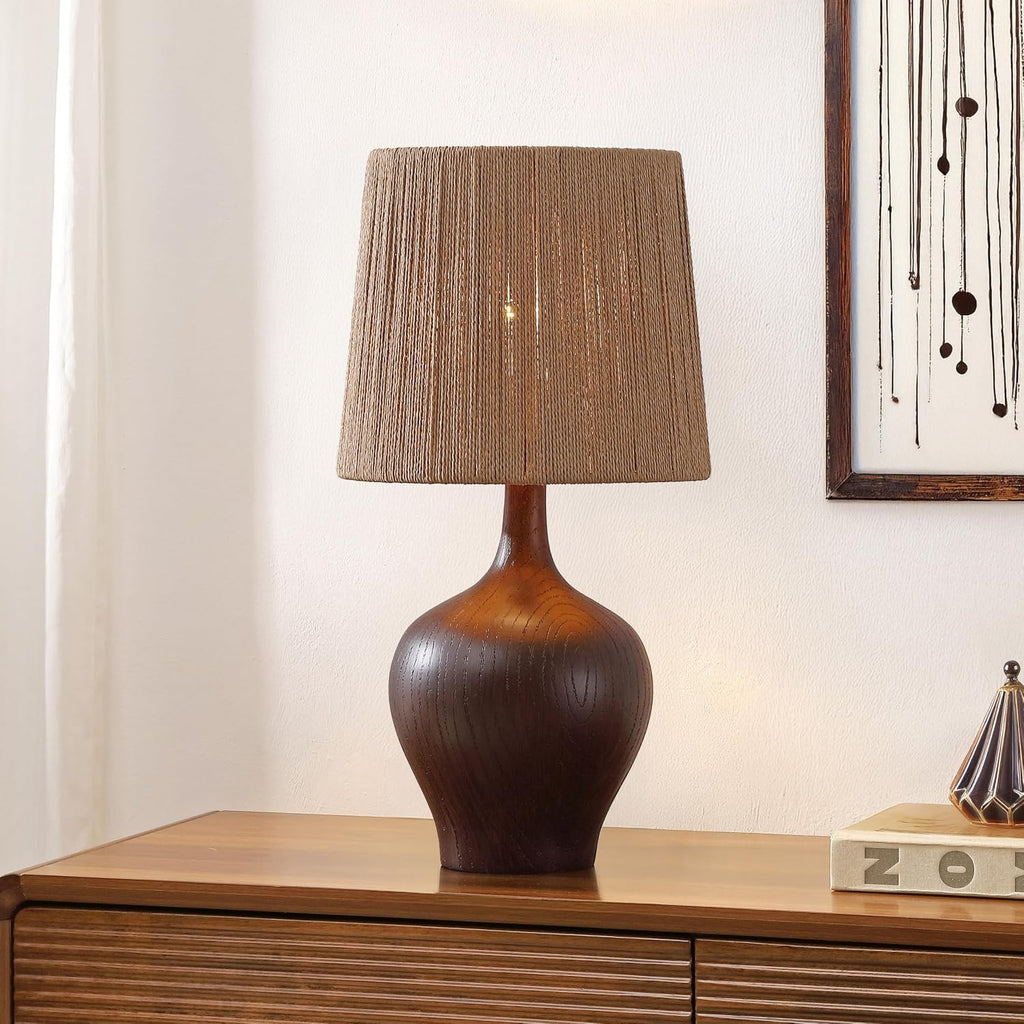 JONATHAN Y 23' Dark Brown Wood Finish Rustic Farmhouse Resin Gourd LED Table Lamp for Bedroom, Living Room, Nightstand, with Brown Paper Rope Shade, LED Bulb Included (JYL9200B)