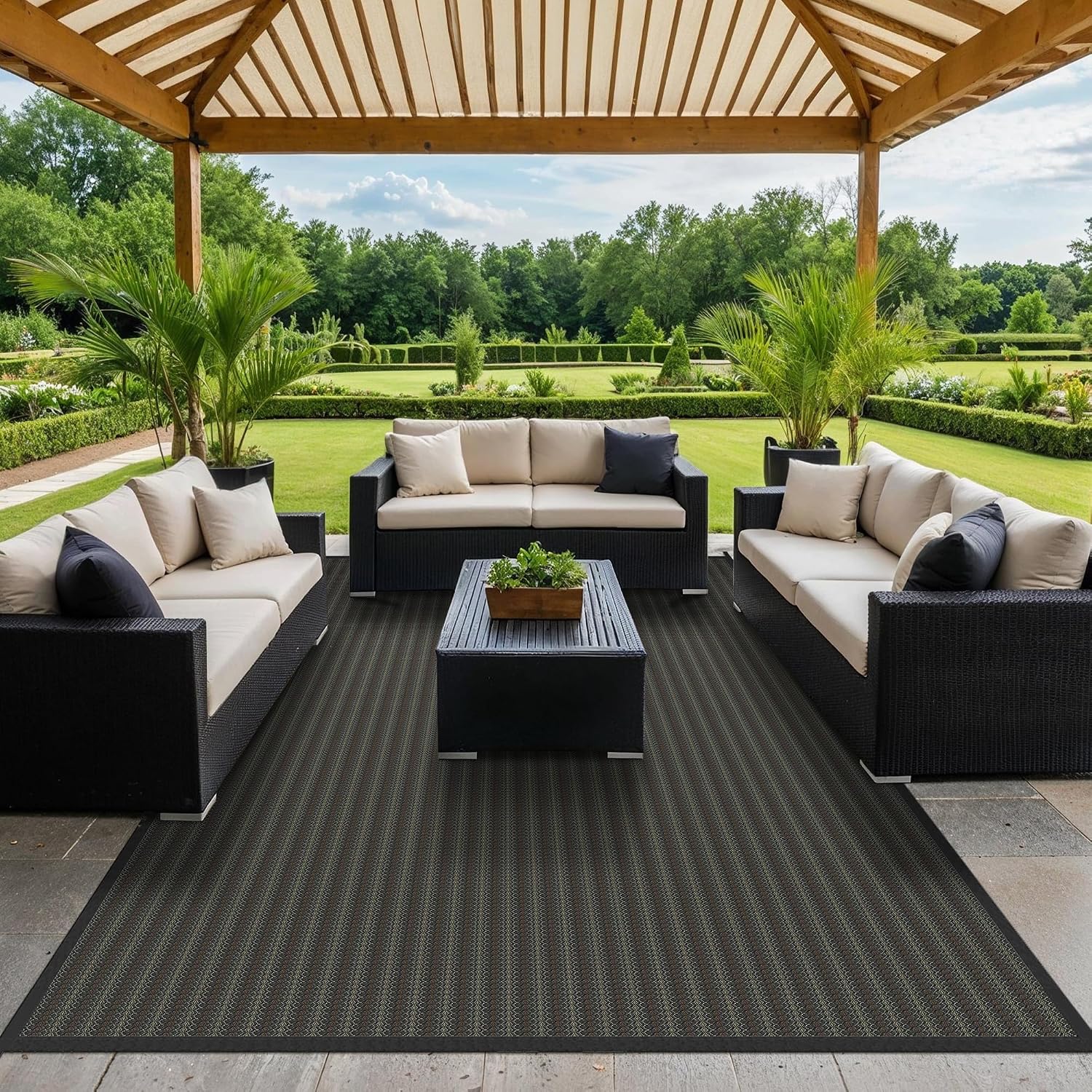 GENIMO Outdoor Rug 10x14 ft Waterproof, Reversible Plastic Straw Patio Rug for RV Camping Mat, Deck, Backyard Balcony Mat - Lightweight & Easy to Clean, Black & Brown
