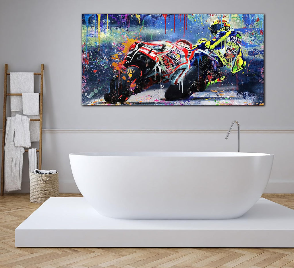 CANEITO Motorcycle Wall Art Living Room, Graffiti Racer Picture Wall Painting Bedroom, Large Sports Canvas Print Posters Wall Decor for Man, 29 x 59 Inch