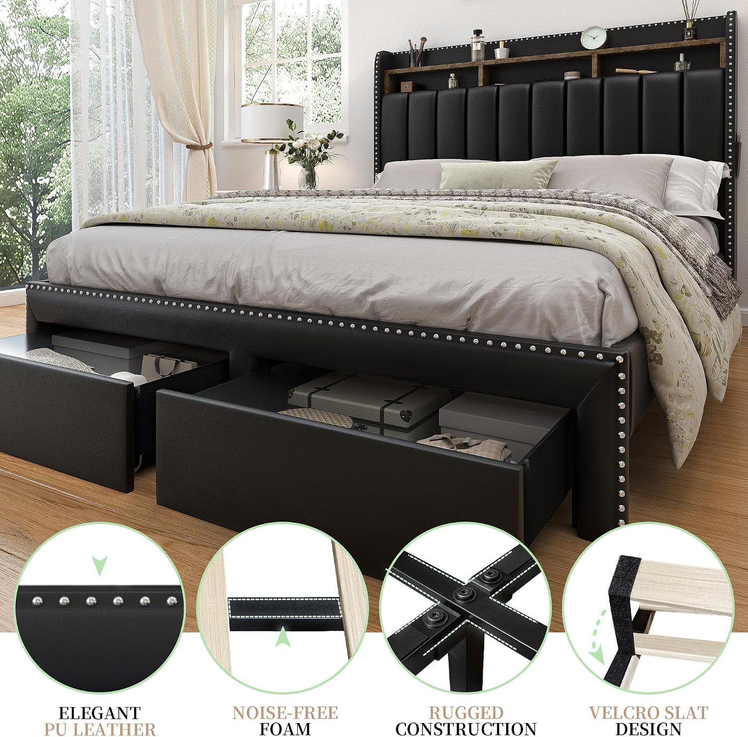 SIBEDS King LED Bed Frame with Headboard, PU Leather Upholstered Platform Bed with 2 Tier Storage and 2 Zippered Fabric Drawers, Channel Tufted Bedframe with Rivet Decor, No Box Spring Needed, Black