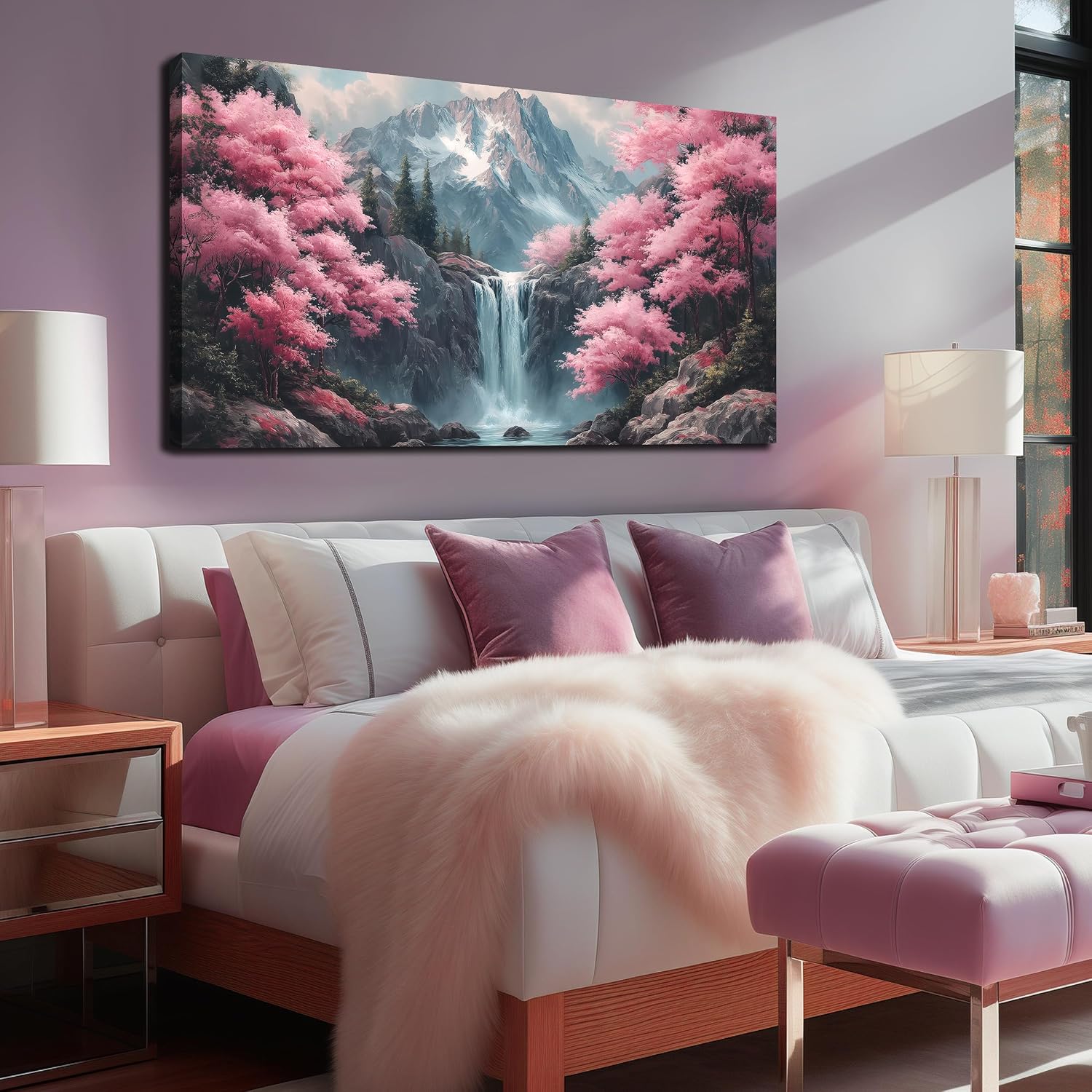 Natural Landscape Pictures for Living Room Mountain Waterfall Pink Tree Wall Decoration,Large Wall Art for Office Ready to Hang 29 x 58 Inch