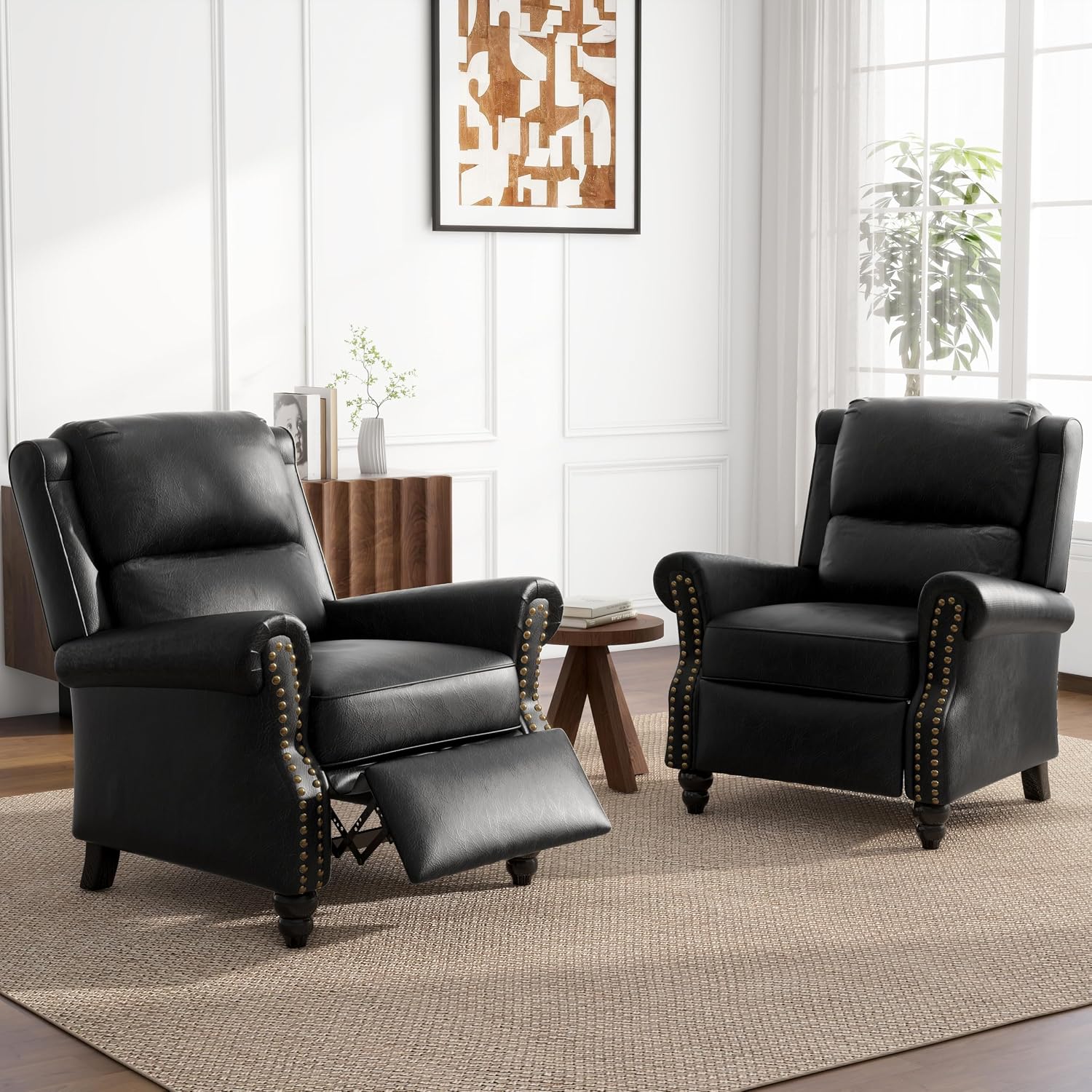 Pushback Recliner Chairs Set of 2, PU Leather Armchair Push Back Accent Chair, Rivet Trim Club Chair Home Theater Overstuffed Single Sofa Reading Seat for Living Room, Black