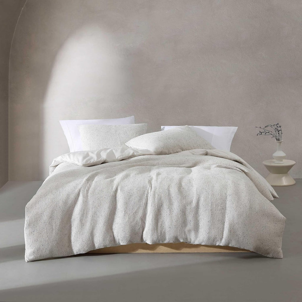 Calvin Klein - Queen Duvet Cover Set, Garment Washed Cotton Bedding with Matching Shams (Speckled Waffle Ivory, Queen)