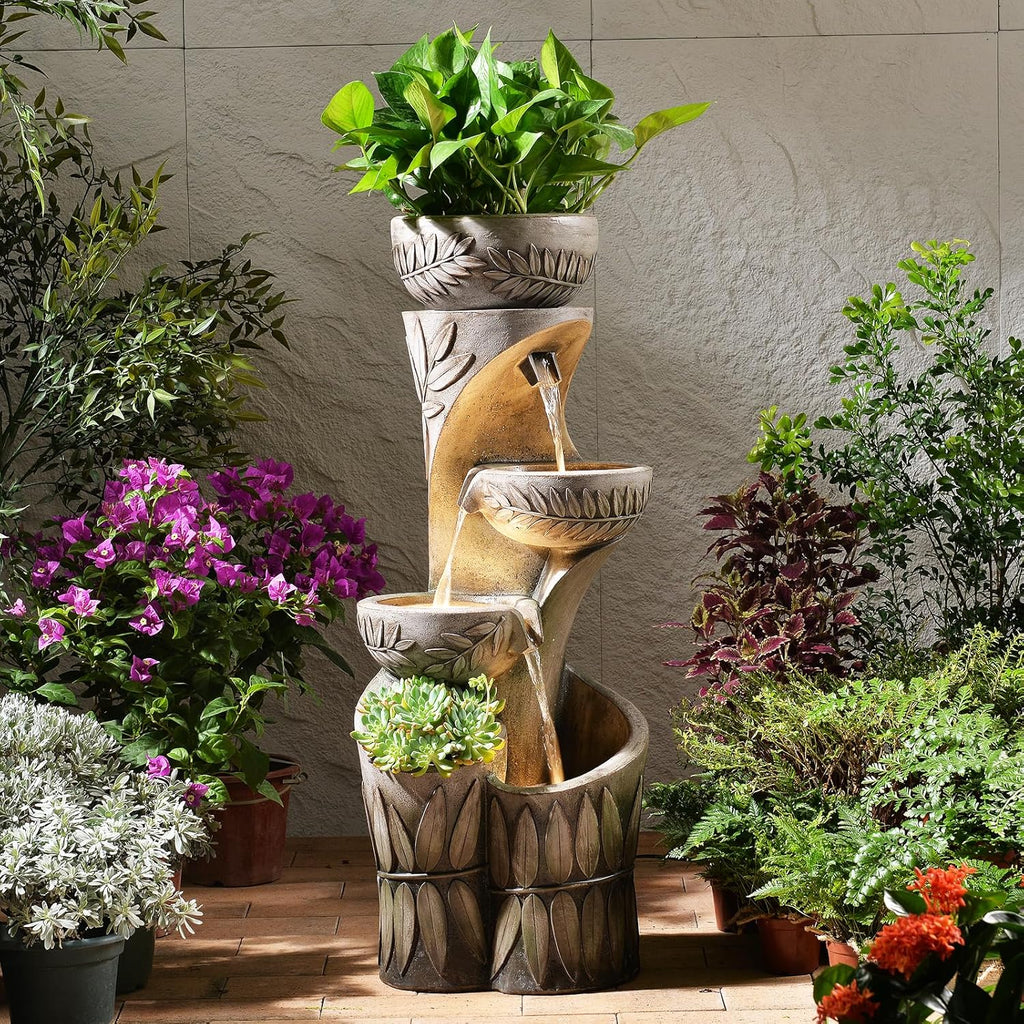 4 Tiered Water Fountain Outdoor, 35.6' Tall Cascading Bowl Leaf Carved Outdoor Waterfall Fountains Modern Water Feature with Dual Planters for Garden, Patio,Deck, Yard, Indoor Decor