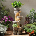 4 Tiered Water Fountain Outdoor, 35.6' Tall Cascading Bowl Leaf Carved Outdoor Waterfall Fountains Modern Water Feature with Dual Planters for Garden, Patio,Deck, Yard, Indoor Decor