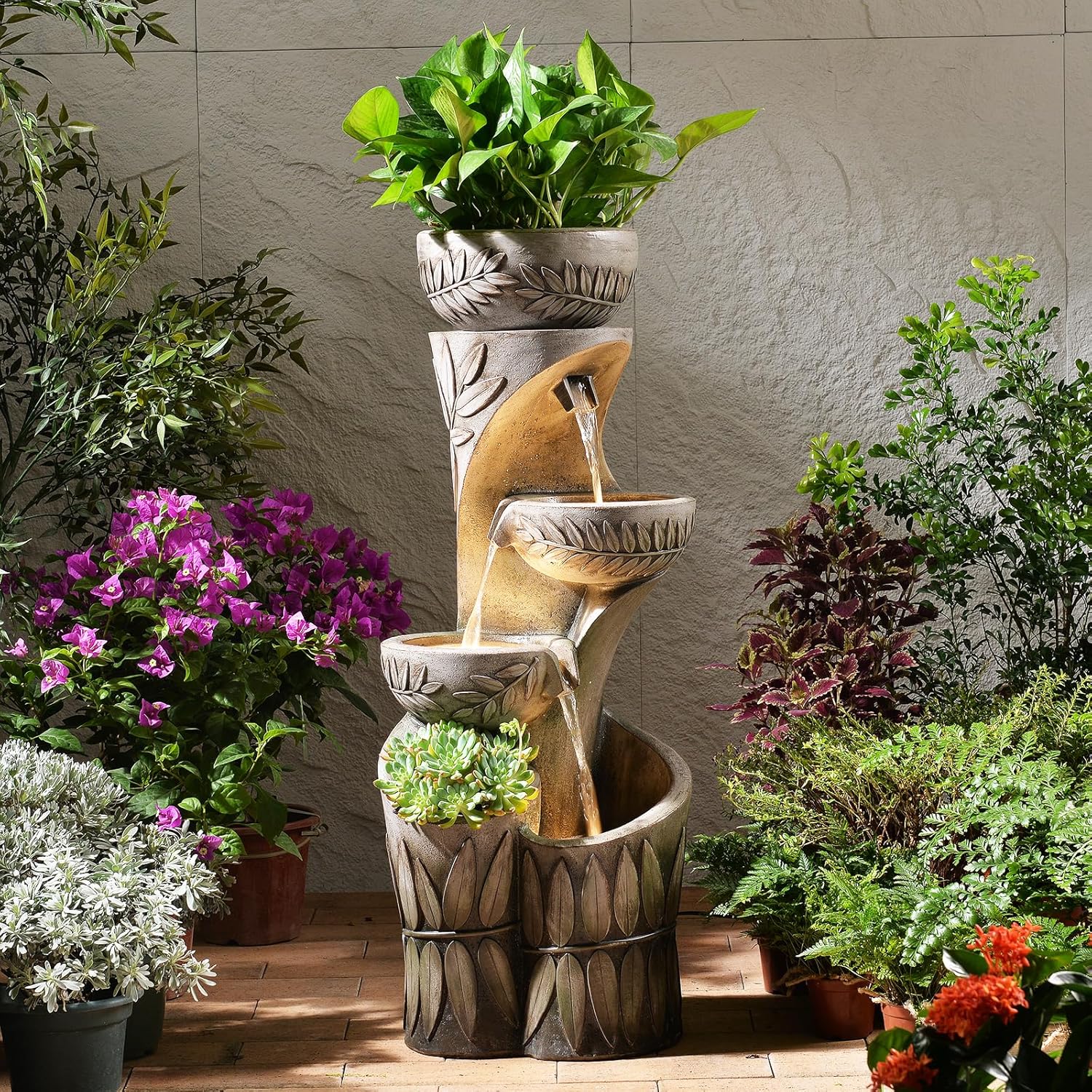 4 Tiered Water Fountain Outdoor, 35.6' Tall Cascading Bowl Leaf Carved Outdoor Waterfall Fountains Modern Water Feature with Dual Planters for Garden, Patio,Deck, Yard, Indoor Decor