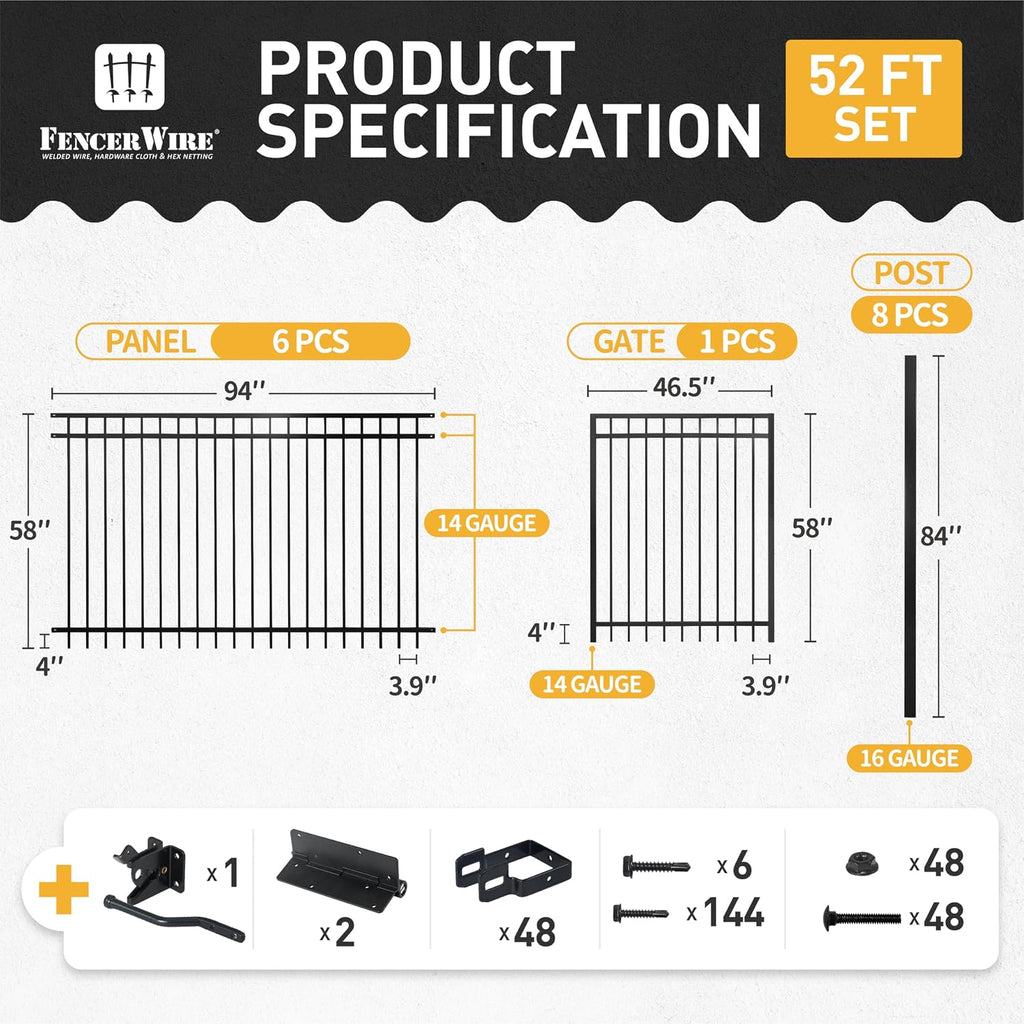 Fencer Wire 52FT Heavy Duty Flat Top Fence Barrier Kit, Anti-Rust Metal Steel Fence with 5FT Height X 8FT Width Panels, Gate, Posts, Connectors, Outdoor Fencing for Yard, Pool, Patio