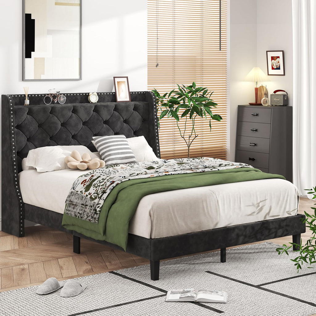 SUNLEI Queen Bed Frame with Storage Headboard, Velvet Upholstered Platform Bed Frame with Wingback Tufted Headboard, Noise Free Wood Slat Support, No Box Spring Needed, Easy Assembly, Black