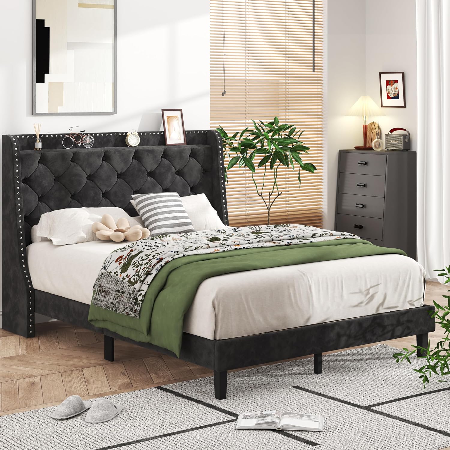 SUNLEI Queen Bed Frame with Storage Headboard, Velvet Upholstered Platform Bed Frame with Wingback Tufted Headboard, Noise Free Wood Slat Support, No Box Spring Needed, Easy Assembly, Black