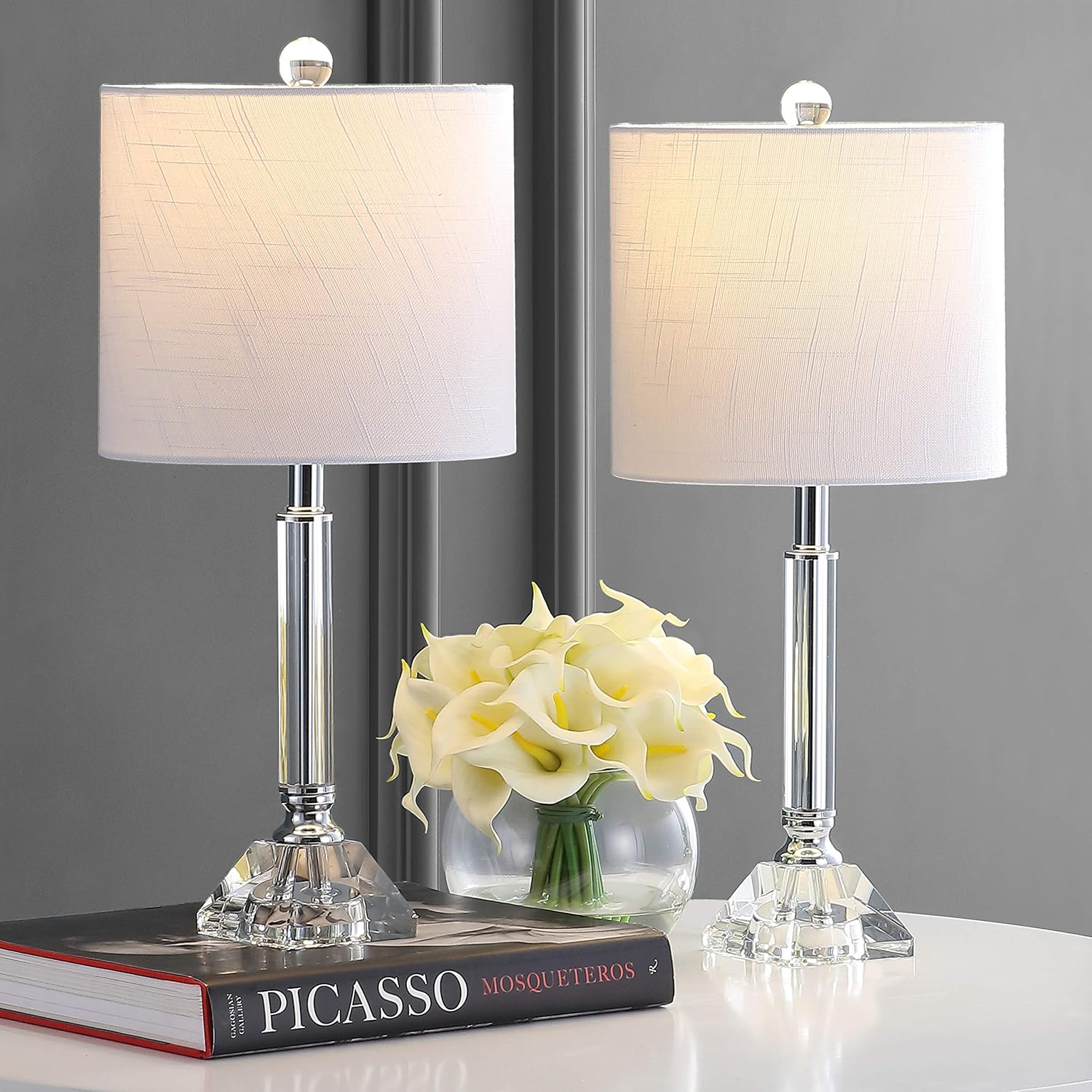 JONATHAN Y 19.5' Clear Crystal Table Lamp Set of 2 for Bedroom, Modern Glam Chrome and Glass Column Nightstand Lamps for Living Room, White Linen Shade, LED Bulbs Included JYL2078A-SET2